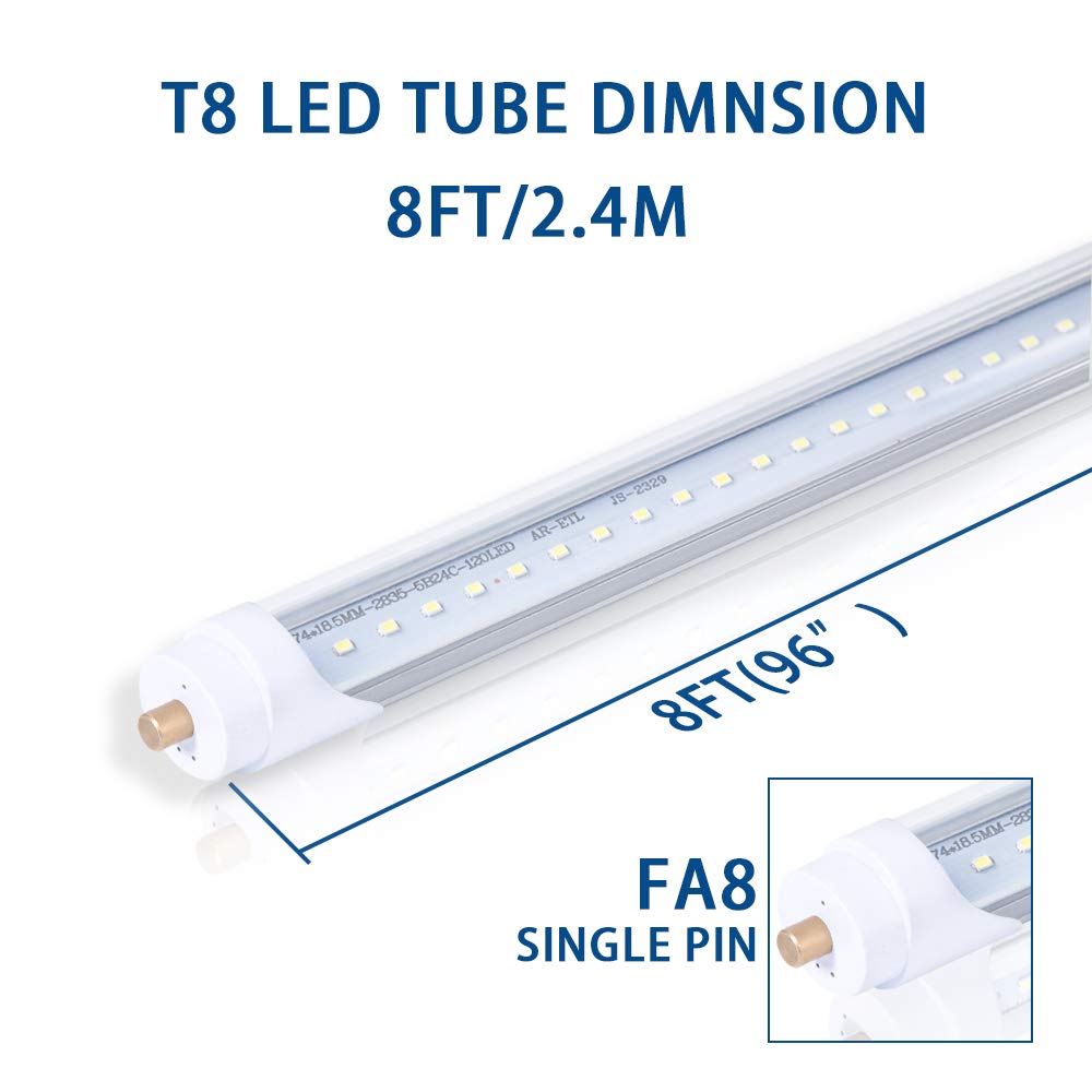 Onlylux T8 8Ft Led Bulbs, F96T12 Led Replacement 8 Foot Led Lights, 40W 4800Lm (100W 8' Fluorescent Equivalent),Single Pin Fa8 B
