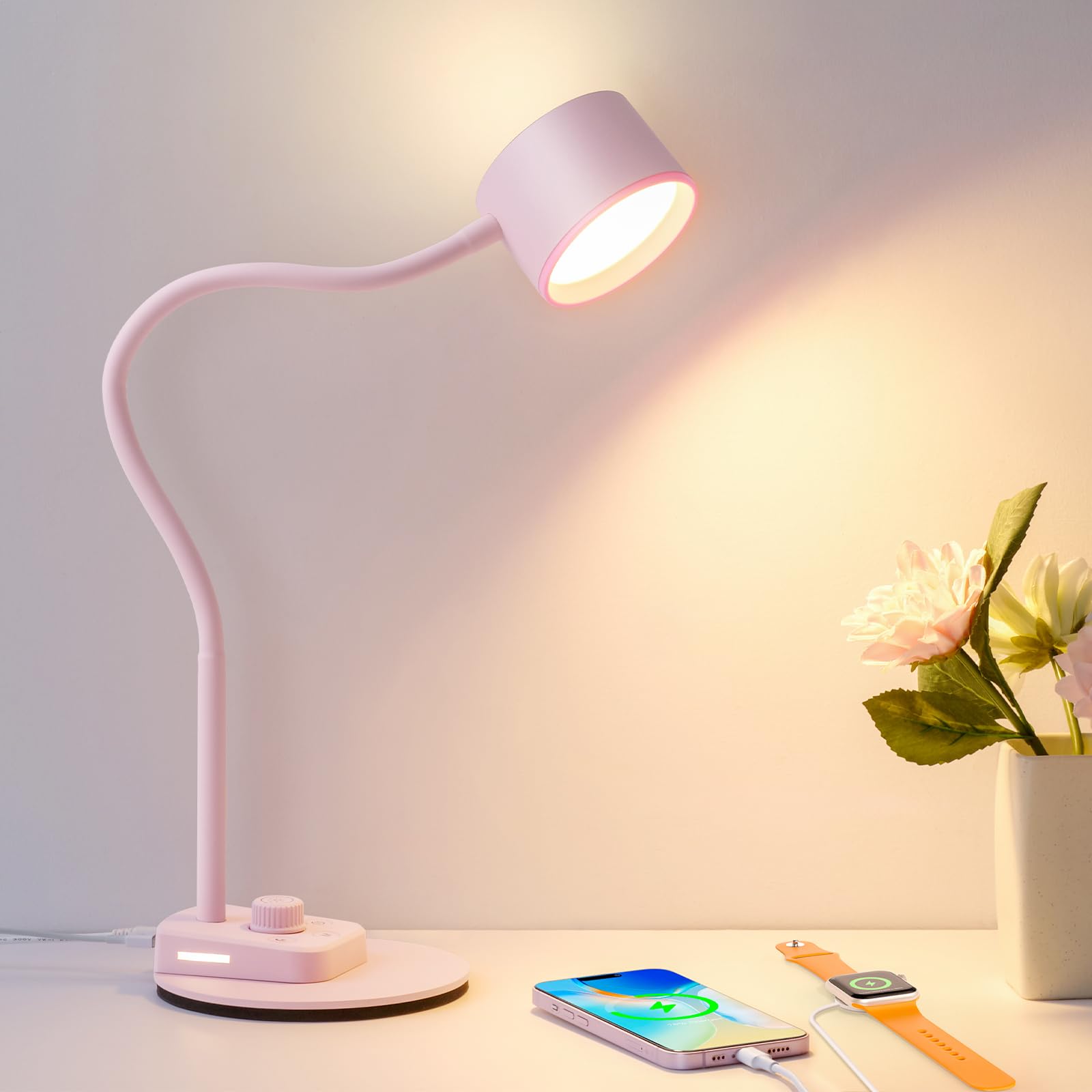 Cute Desk Lamp with USB C + A Charging Port, 5 Colors Dimmable Reading Lamps, Minimalist Pink Lamp for Kids, Eye Care Metal Beds