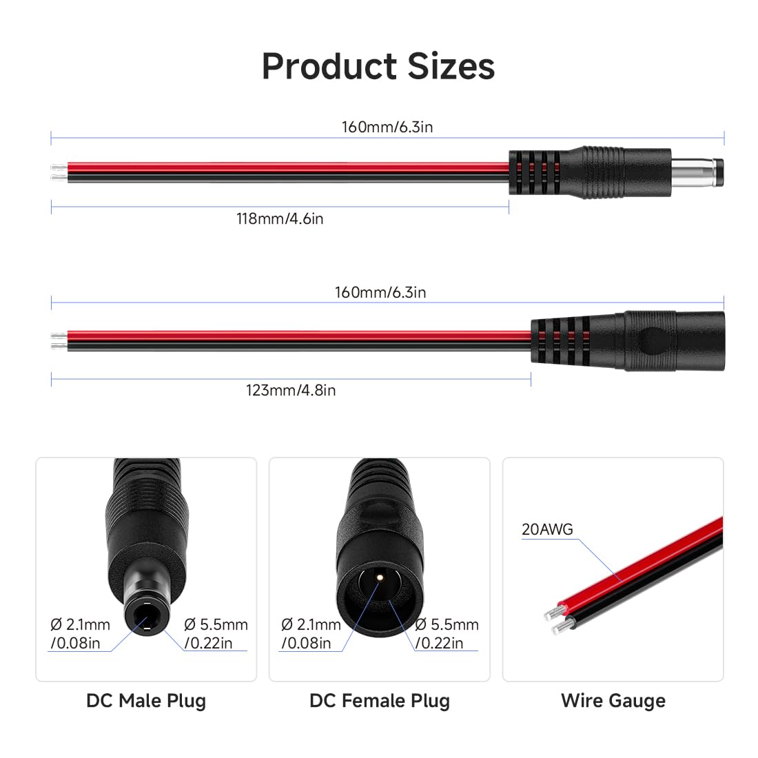 Btf-Lighting 10 Pairs 16Cm 20Awg Barrel Plug Connector 5.5Mm X 2.1Mm Male/Female To Wire Dc Power Pigtail Cable Connector Plug F