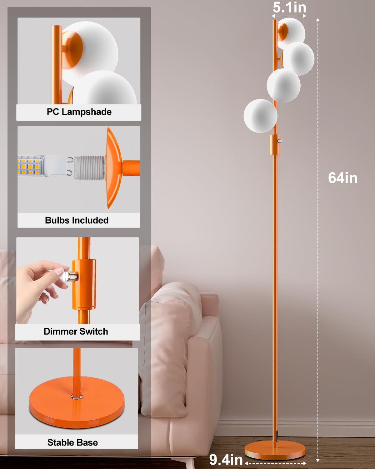 Lightdot 64In Dimmable (Brightness Adjustable) Globe Floor Lamp, Orange Pole Standing Lamps With 4Pcs 3000K G9 Bulbs Soft Warm W