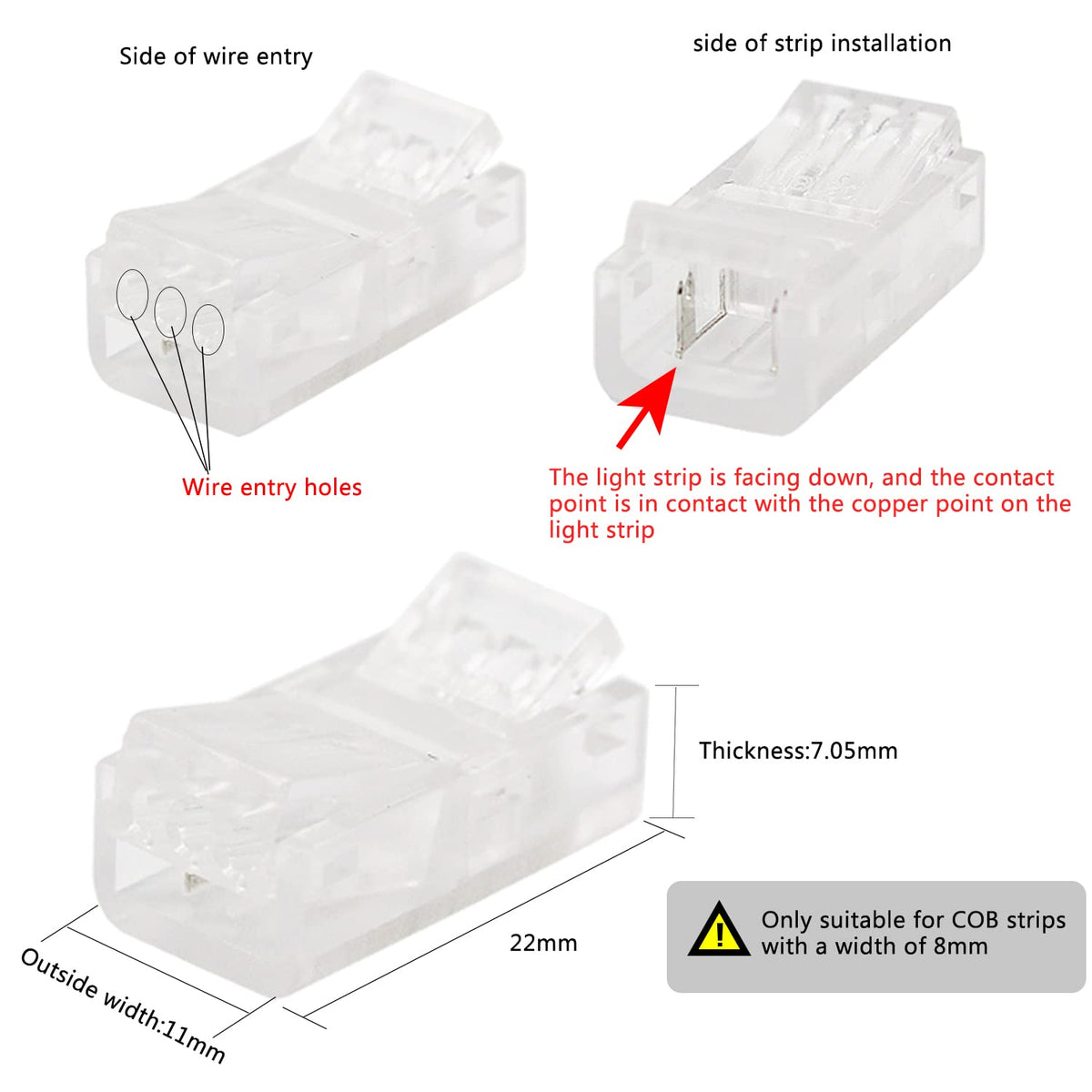PAUTIX 8pcs 2-Pin 8mm COB LED Strip to Wire Connector Unwired Clips ...