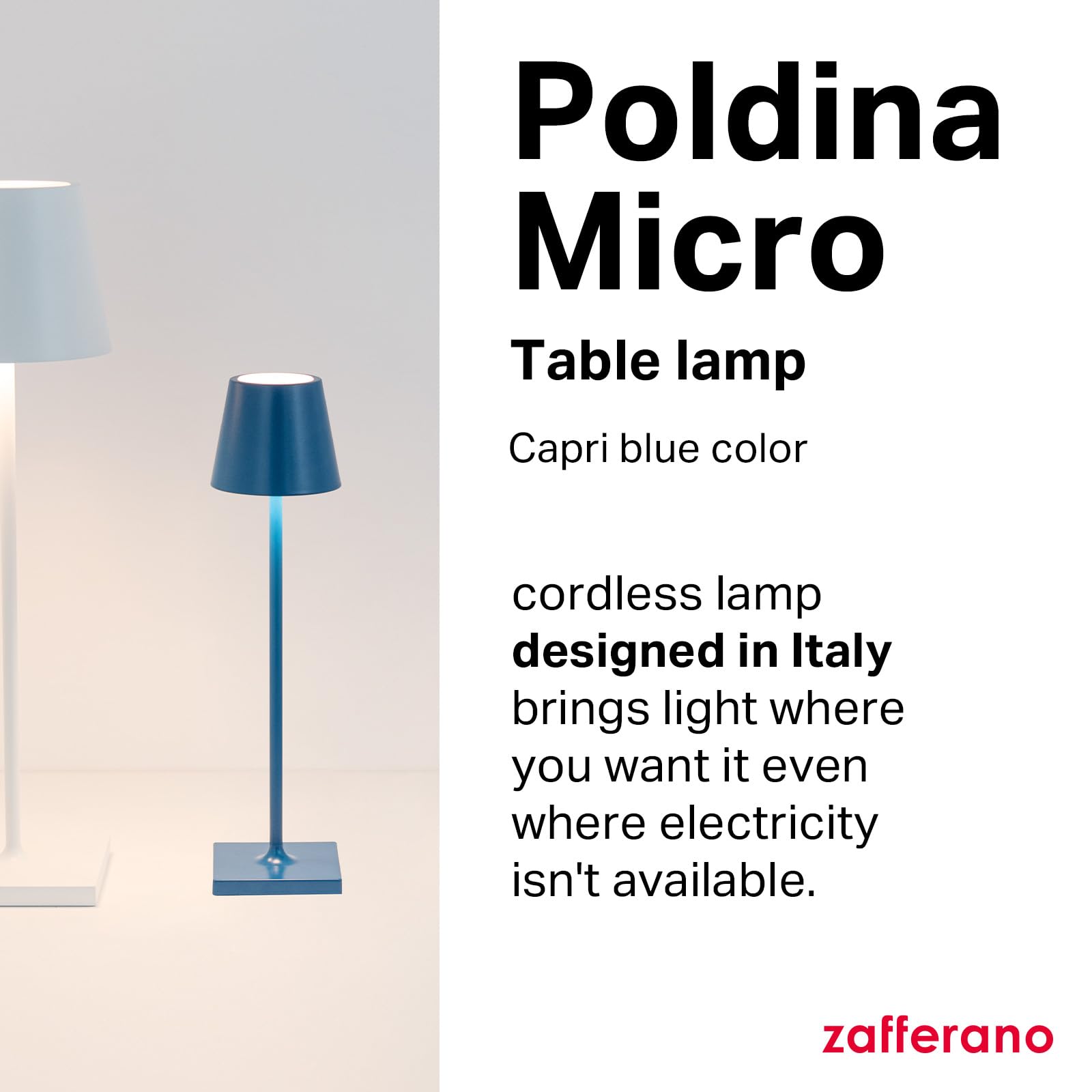 Zafferano, Poldina Micro Lamp, Rechargeable Cordless Table Lamp With Touch Controls, Suitable For Indoor And Outdoor, Dimmer, 22
