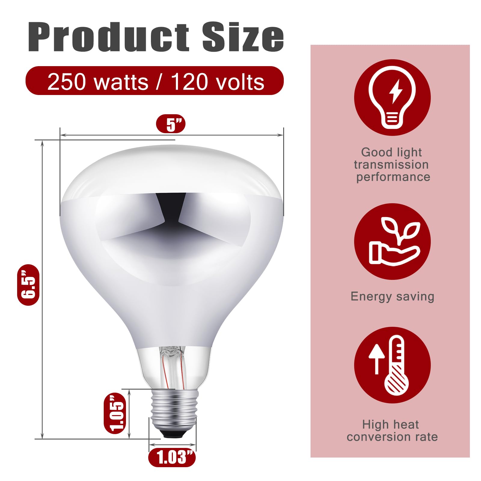 VIHOSE 250 Watt Heat Lamp Bulbs, R40 Incandescent Glass Light for Reptiles, Chicks, Puppies, E26 Base, Silver/Red, Model ANB-VIHO
