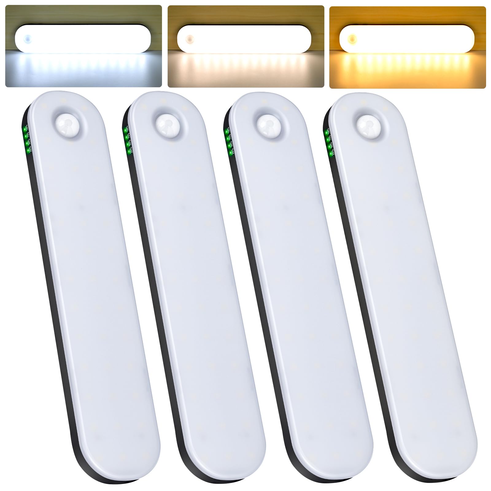 deerdance Motion Sensor Under Cabinet Lighting, Dimmable, 3 Color Temps, Rechargeable, 4-Pack, Black, Model GLS-C030