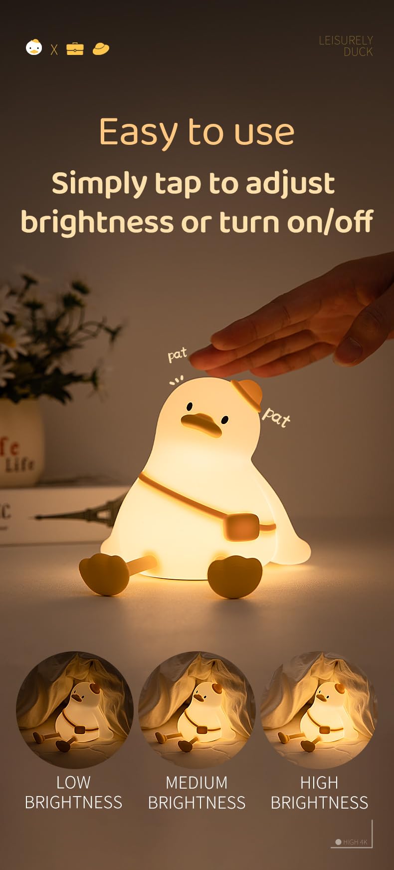 Atsui Duck Night Light  Cute Led Squishy Novelty Animal Night Lamp  Food Grade Silicone  3 Level Dimmable Rechargeable Nursery Nightlight For Breastfeeding Toddler Baby Kids  Cute Gifts For Kids