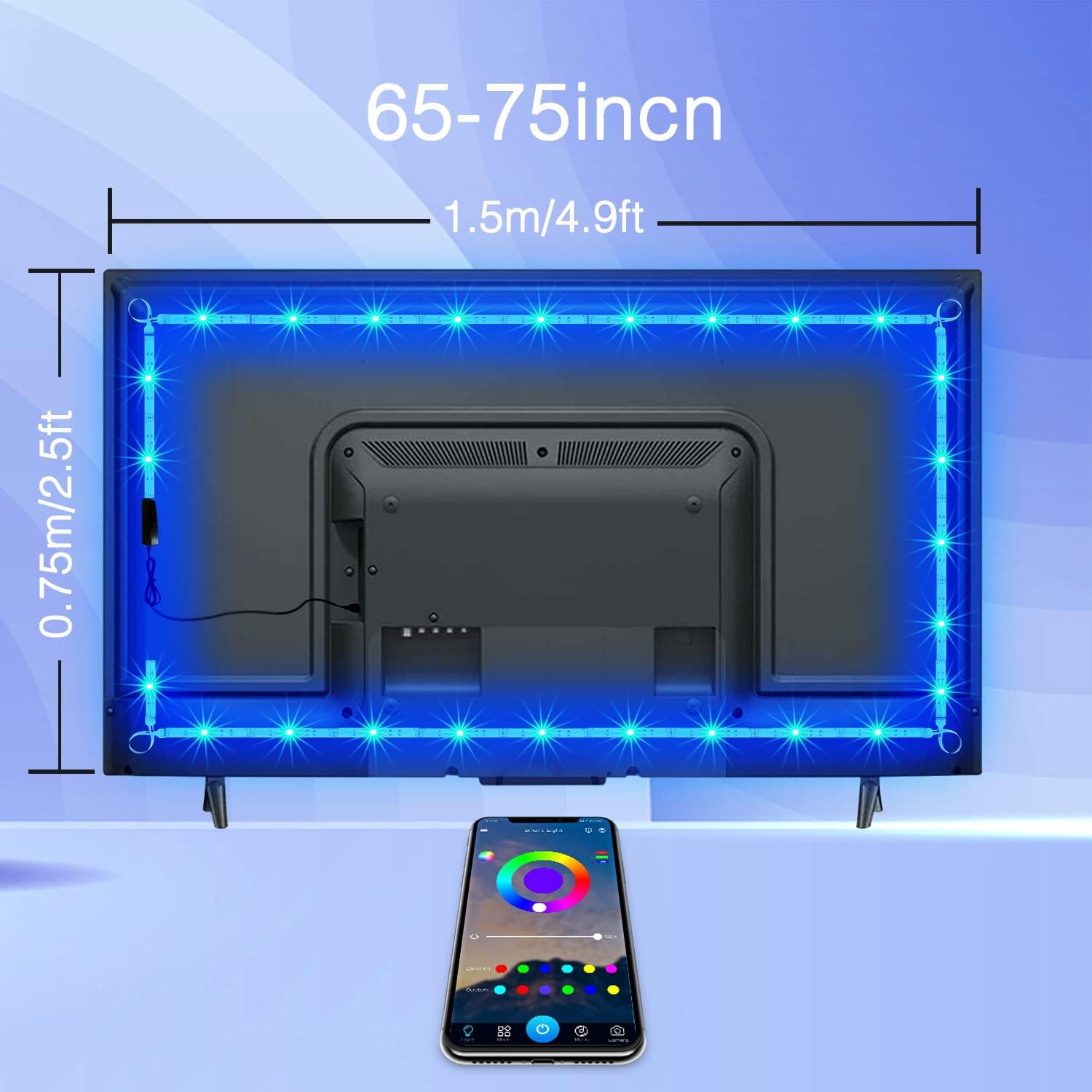 phopollo LED Strip Lights for TV 65-75 inch, 15FT Bluetooth Color Changing Backlight, Model PTV45WILSL, Multicolor