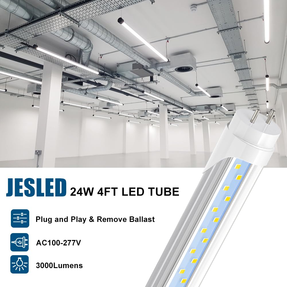 JESLED T8 LED 4FT Light Bulbs, 24W (65W Equivalent), 3000LM, 6000K Bright White, Plug and Play/Ballast Bypass