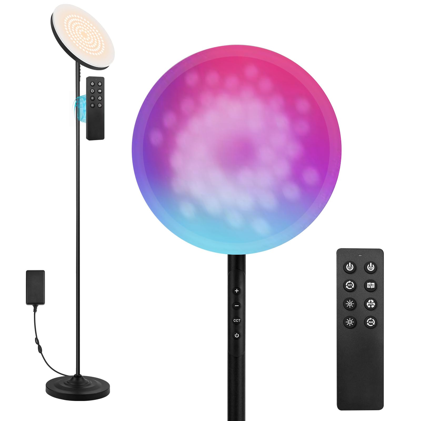 hanaking Floor Lamp, RGB Color Changing, 36W/3600LM, Remote Control, Matte Black, Model MF30002