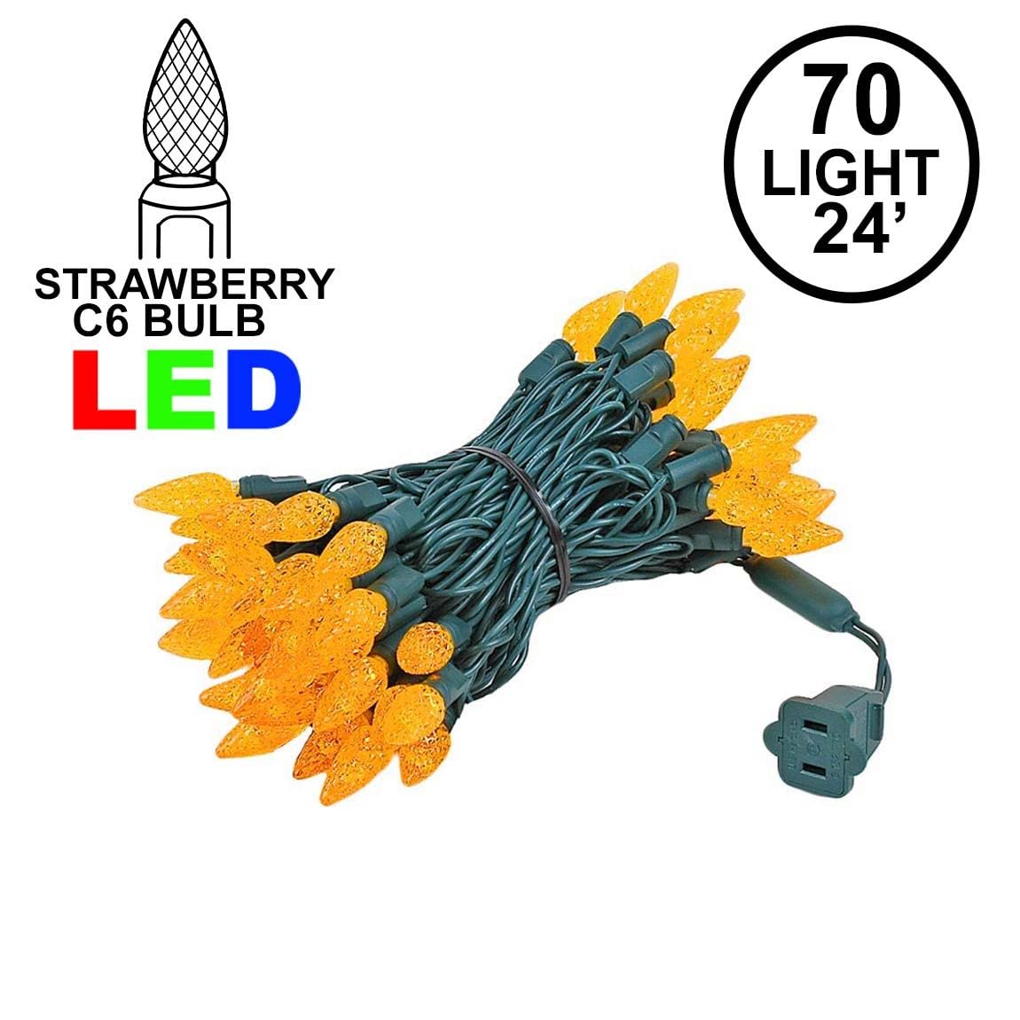 Novelty Lights 24Ft C6 Led Halloween String Lights, Amber Color, Green Wire, Model Mrd-35B-2, Outdoor Commercial Grade Decorations