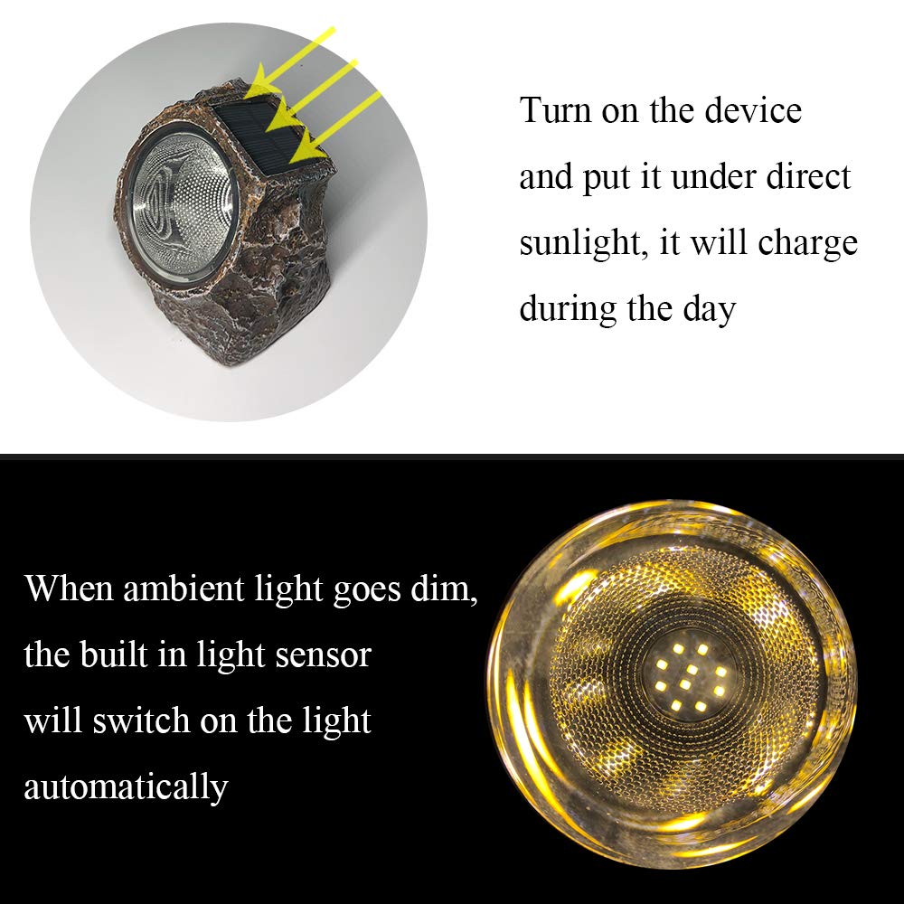 SunKite Solar Powered Rock Light, 10 LED Waterproof Garden Stone Lights, Brown, Model 758648052188, 2 Pack