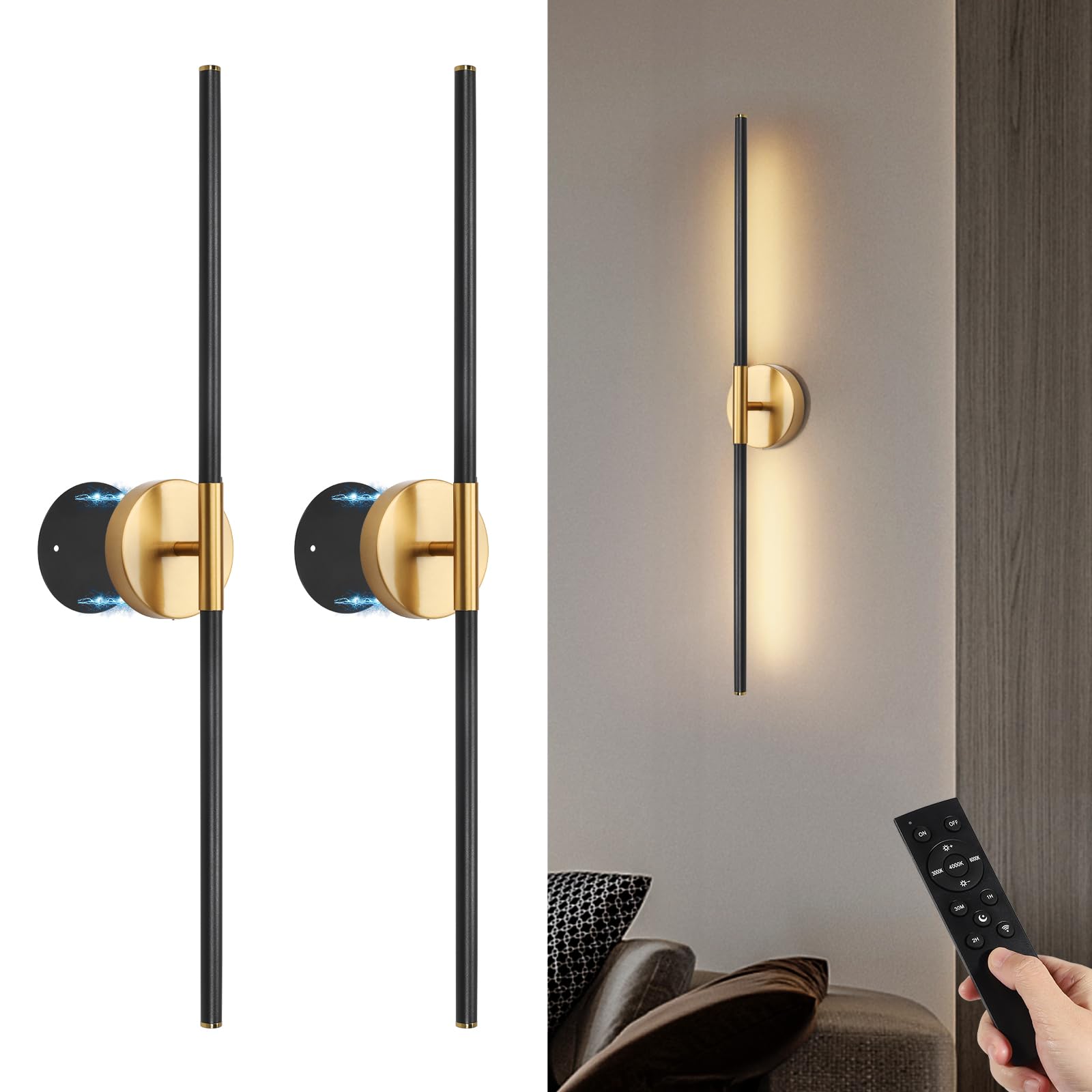 Battery Operated Wall Sconces Set of Two, 360Rotate Wireless Wall Sconces with Remote Control Dimmable Timing, Black Gold Rechar