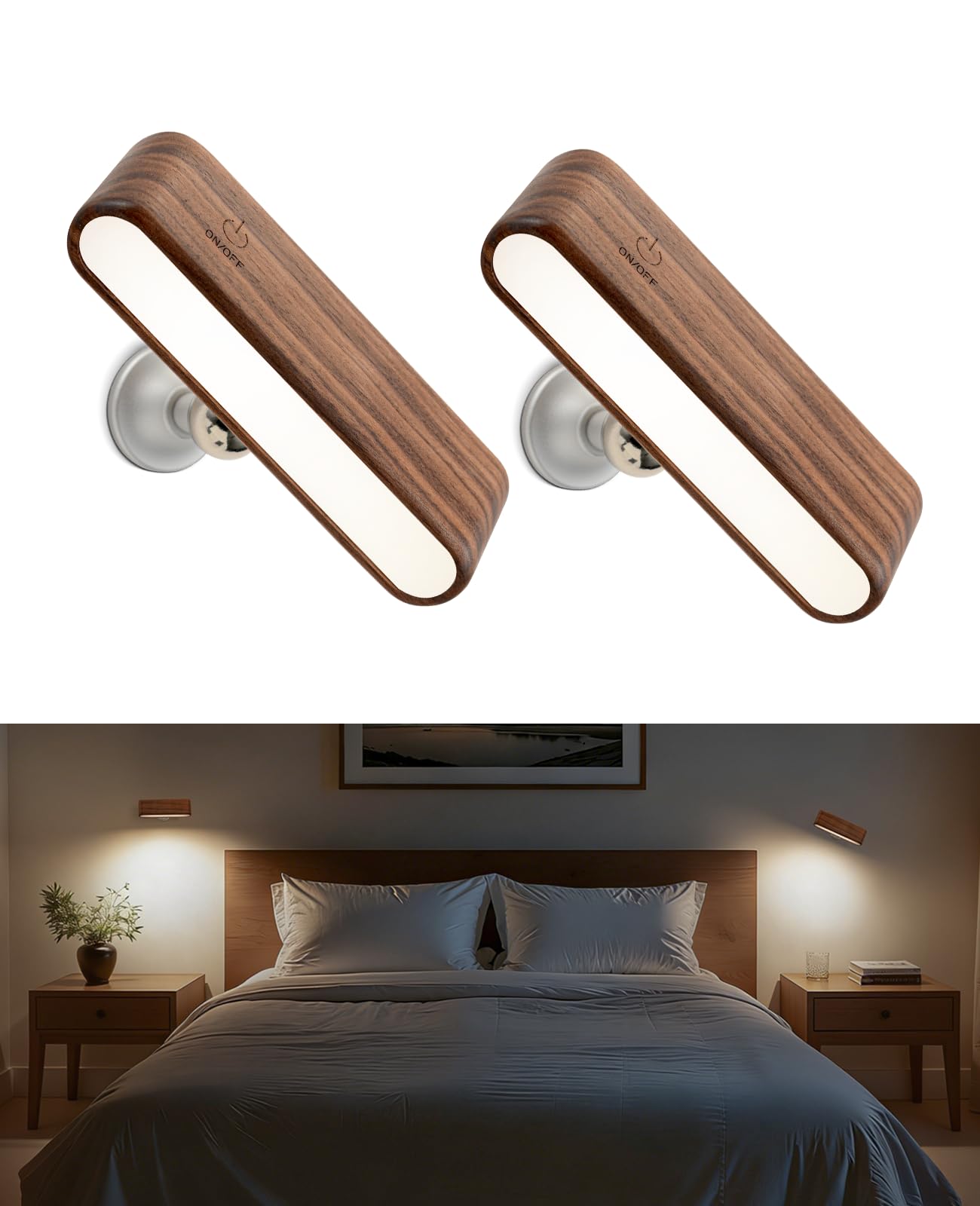 Wood LED Wall Sconce Magnetic 360Rotate Mounted Mini Lamp Brightness Adjustable Nightlights Rechargeable Battery Powered Reading