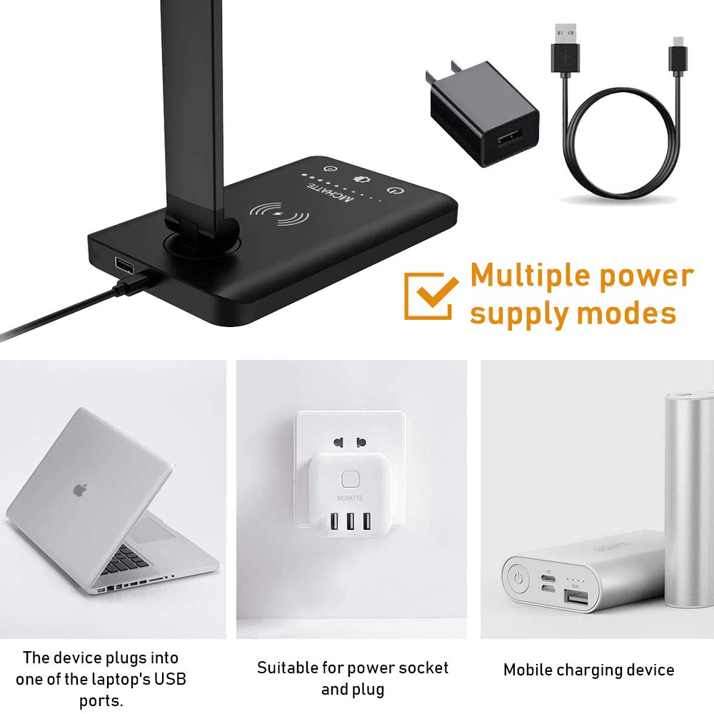 MCHATTE LED Desk Lamp with Wireless Charger, Dimmable Light, Touch Control, Black, Model 009A