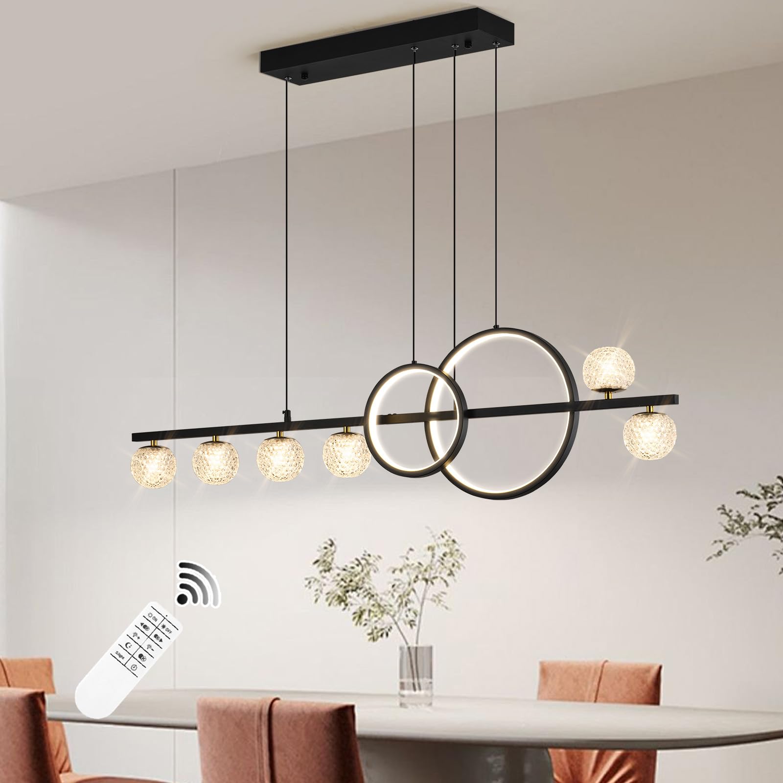 Oranoor Modern Black Gold Chandeliers For Dining Room, 47In Dimmable Led Chandelier Linear Pendant Light For Kitchen Island, Upgraded 6 Globe Hanging Pendant Chandelier Lighting (2 Rings, 4200Lm)