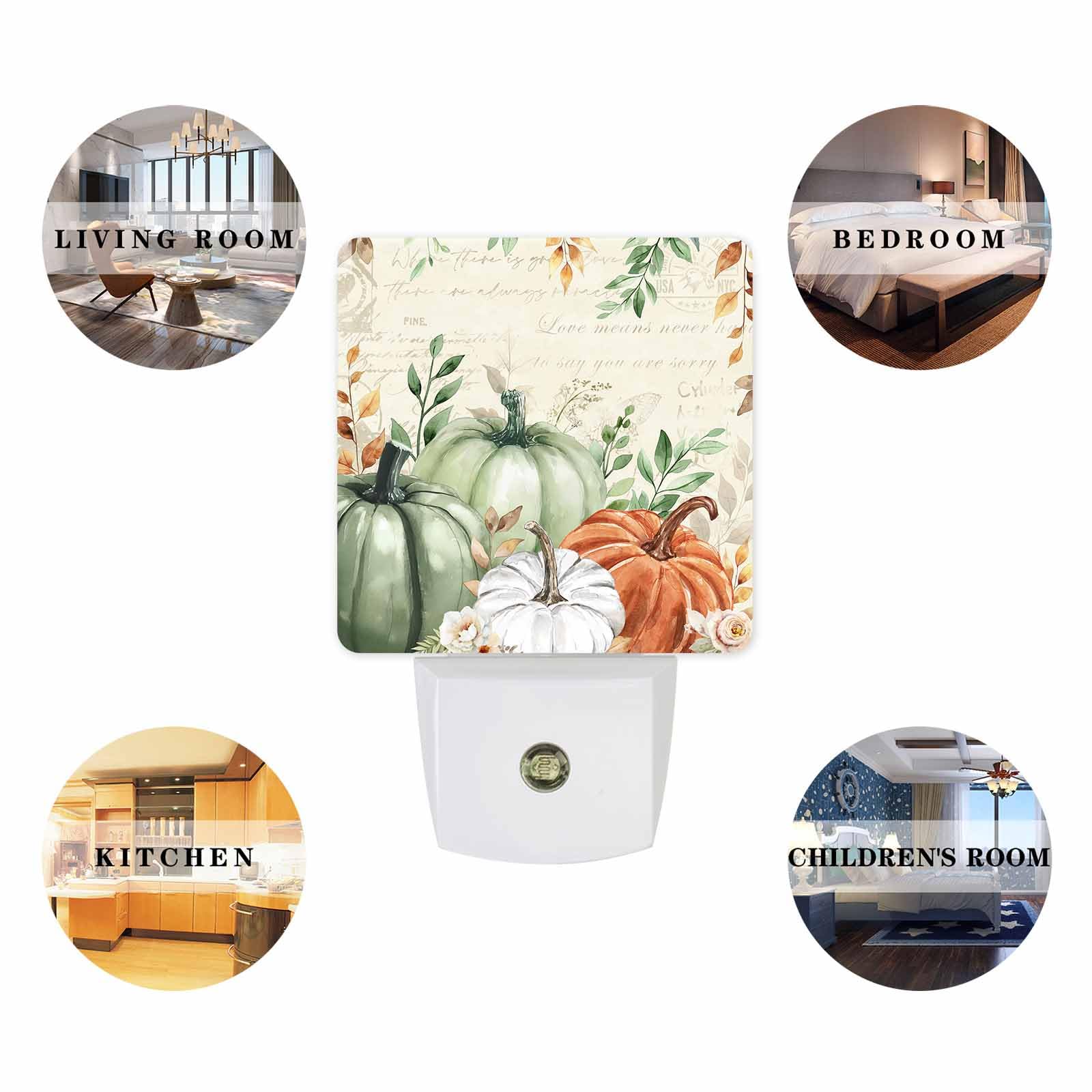 Fall Night Lights Auto Sensor Sage Green Pumpkin Plug-In Led Nightlights Dusk To Dawn For Living Room  Bedroom  Bathroom  Kitchen  Hallway  Stairways Thanksgiving Holiday  Floral Eucalyptus Leaves
