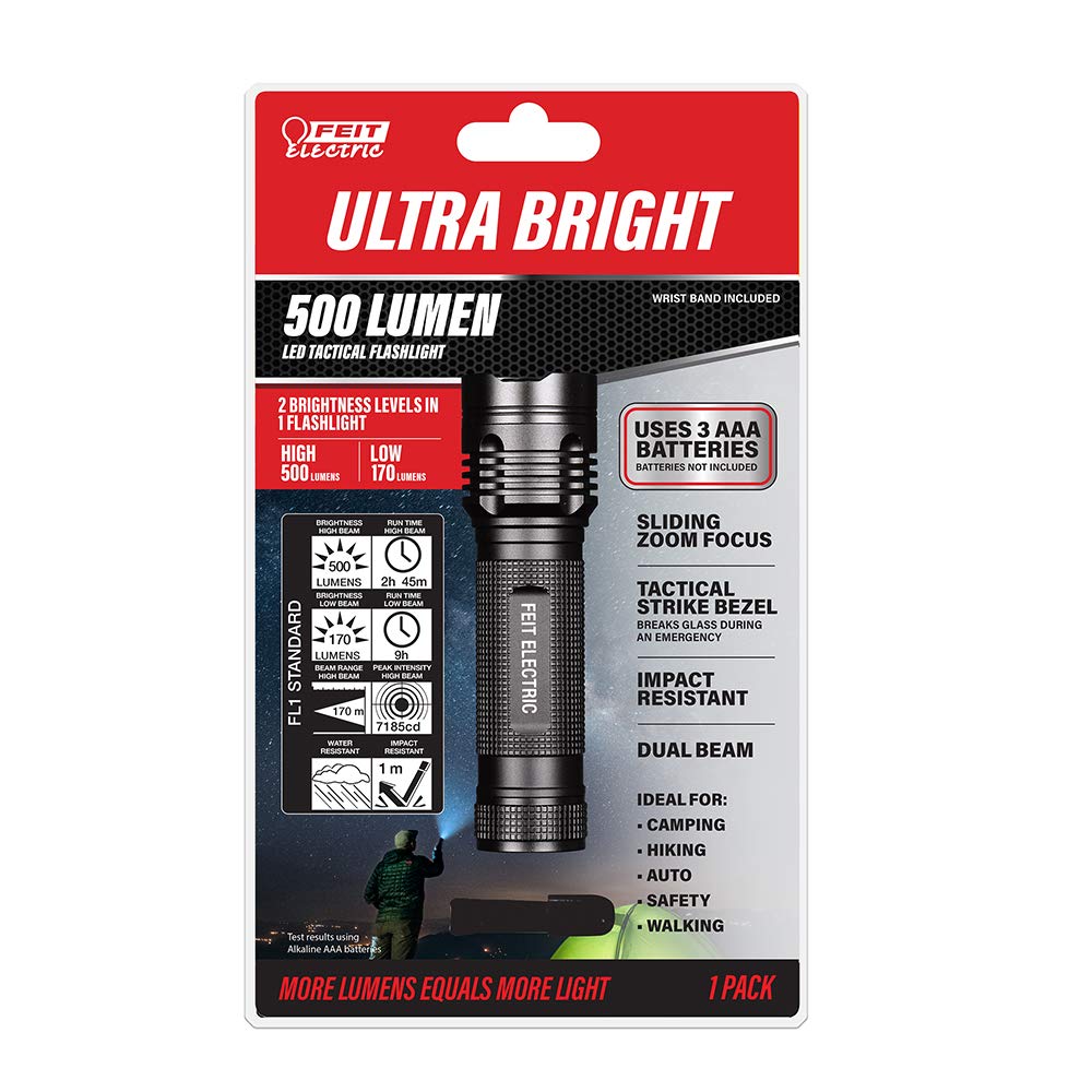 Feit Electric LED Tactical Flashlight - 170-500 Lumen - Aluminum Alloy - 4.6in L x 1.3in D - Black - Model FL500