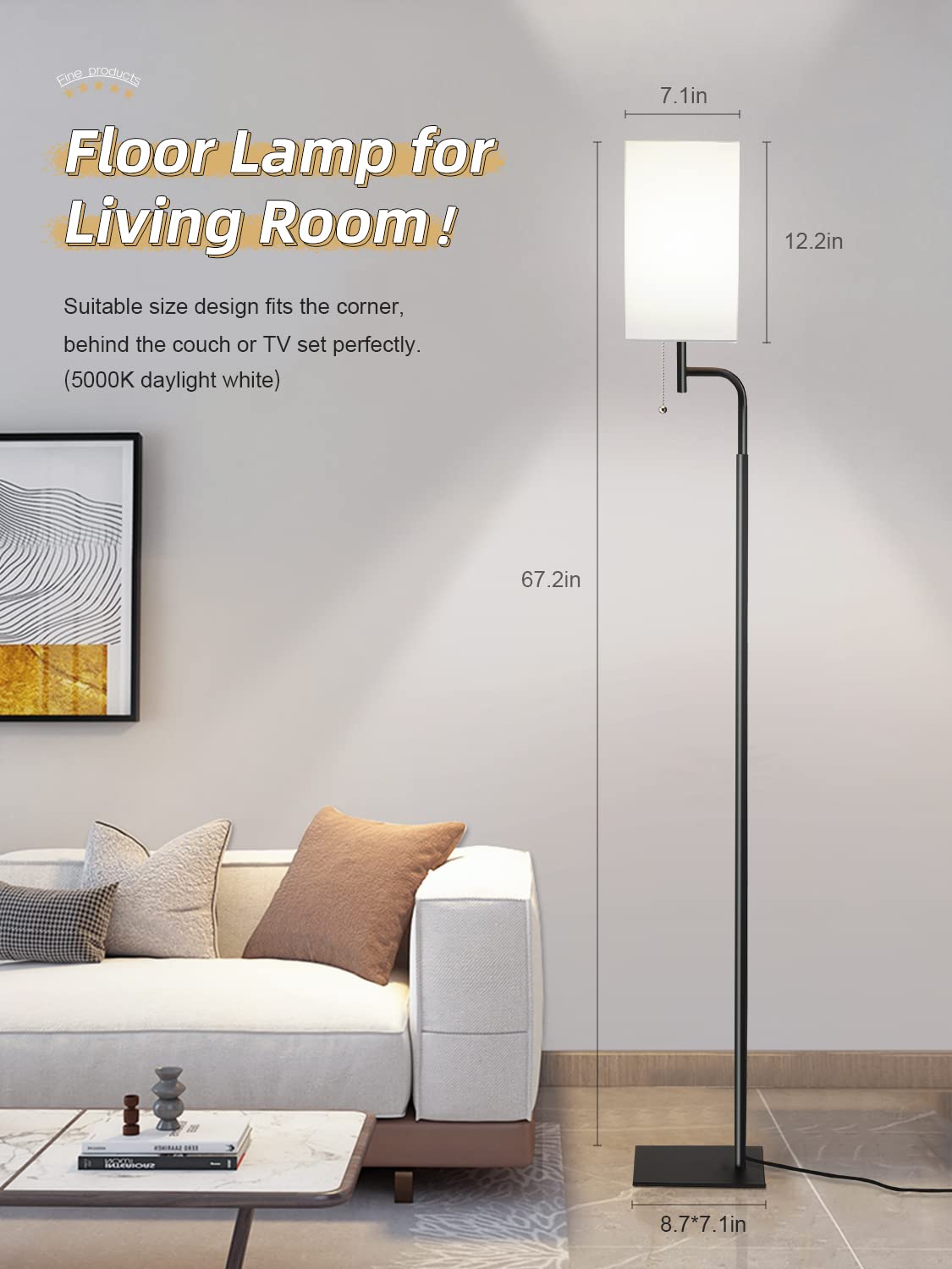 Iporovon Floor Lamp, Modern Tall Lamp with Square Linen Shade, 3 Color Temperatures, White, Model FL-230217