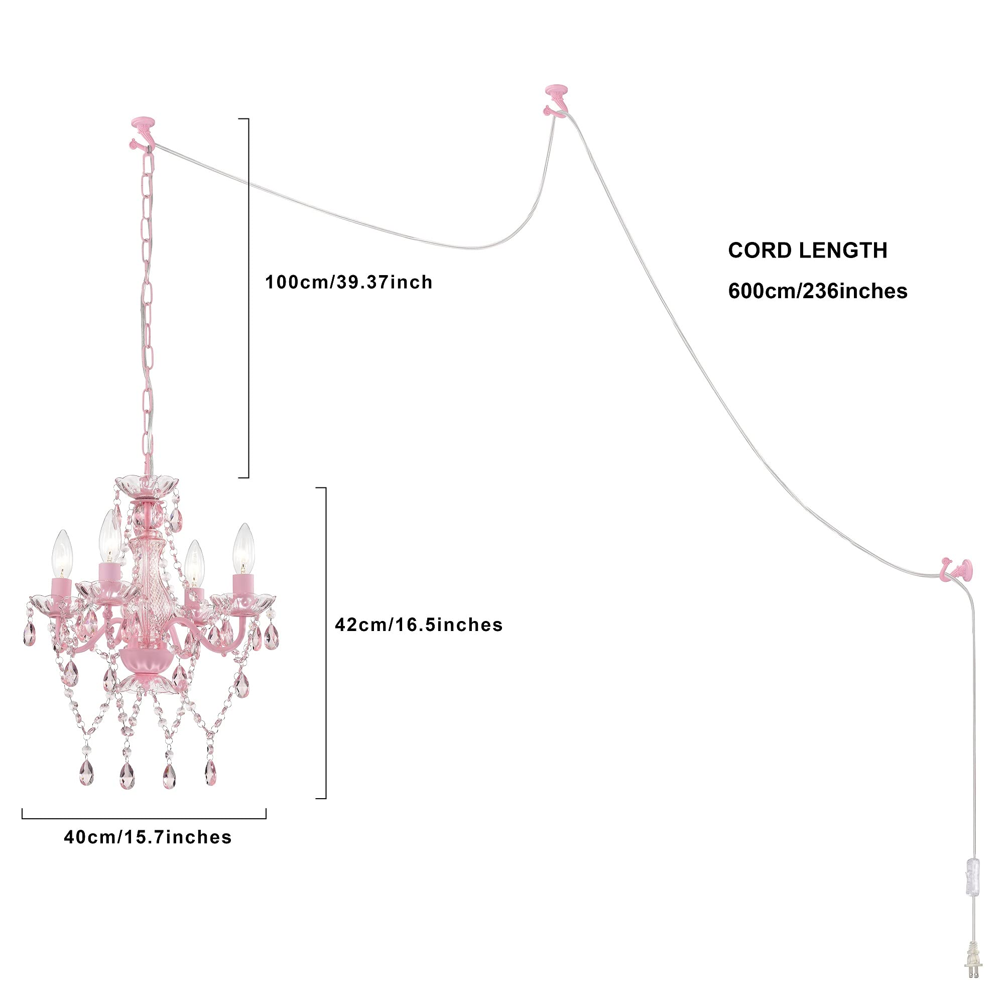 Alighting Pink Plug-In Chandelier, Small Crystal 4-Light Lighting For Girls' Bedroom
