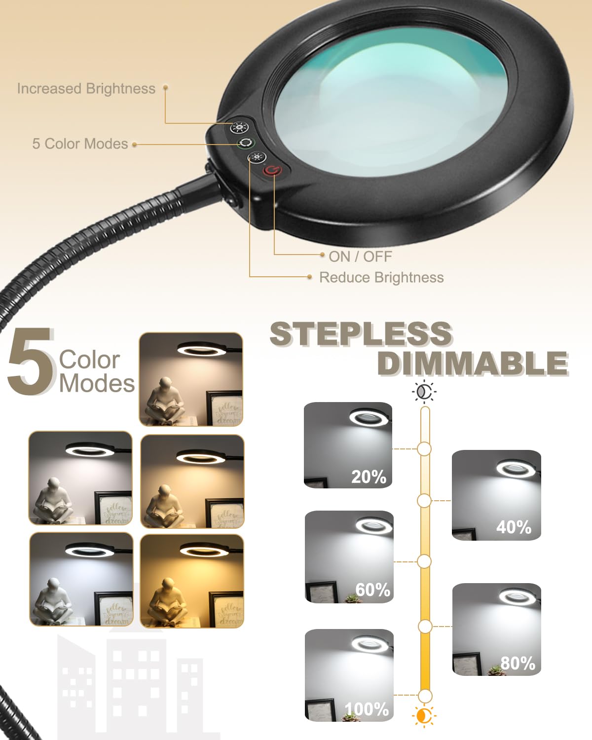 Veemagni 10X Magnifying Glass With Light, 5 Color Modes Stepless Dimmable Flexible Gooseneck Led Hands-Free Desk Lamp, Stand Lig