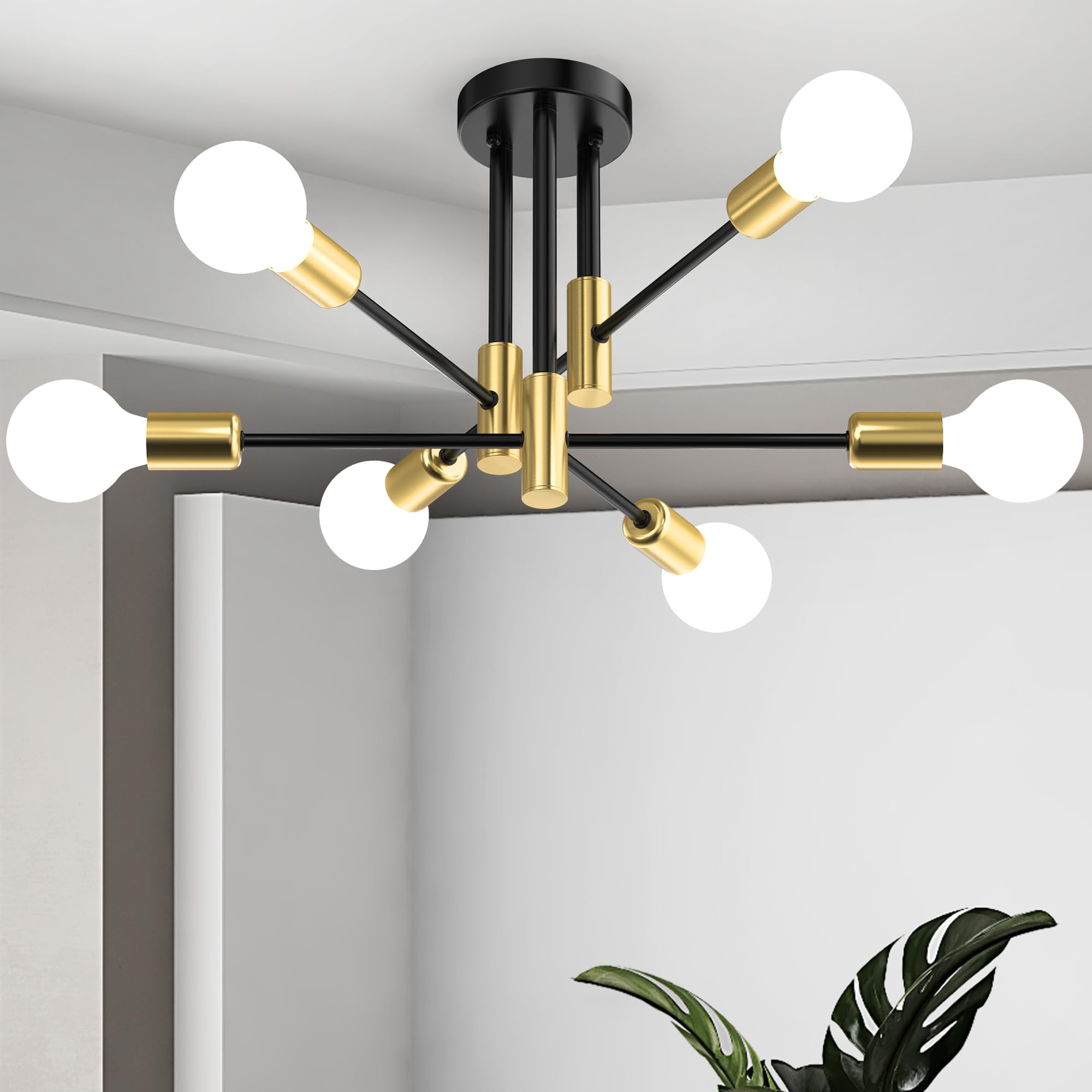 Phaosio Modern Sputnik Chandelier Ceiling Light Fixtures, 6-Lights Mid Century Industrial Metal Semi Flush Mount Lamp For Bedroo