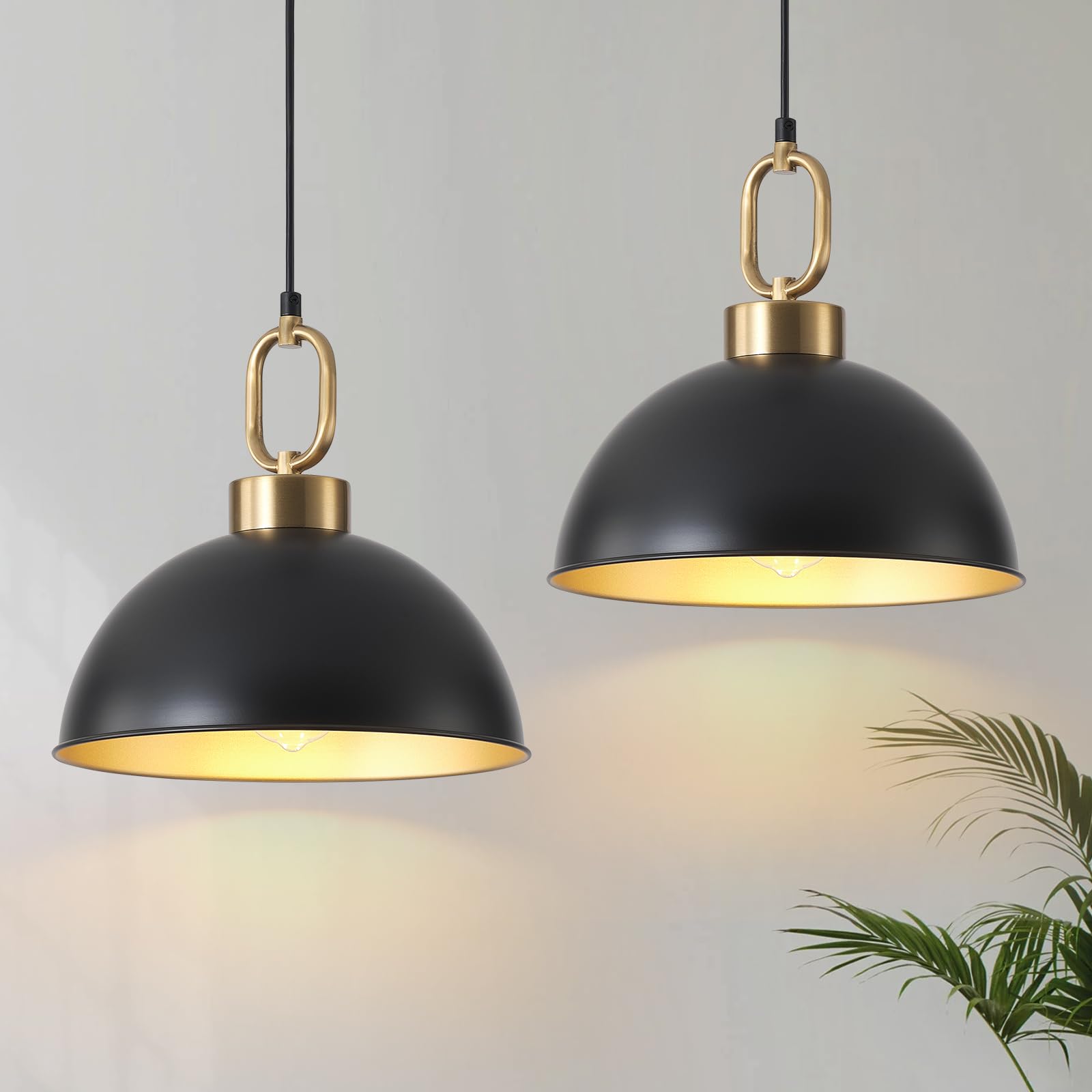 TinHon Farmhouse Pendant Light Fixture 2 Pack, 12.2in, Metal, Matte Black with Gold Handle, Adjustable Height, Vintage Shade