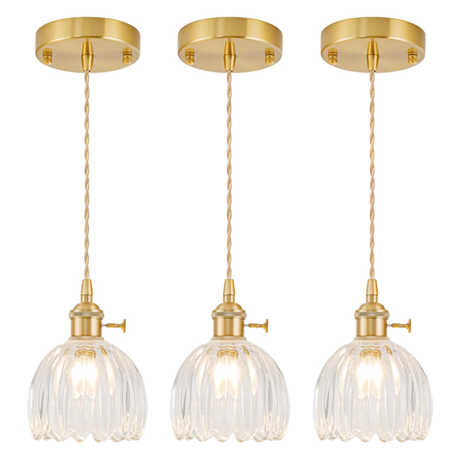 Mini Pendant Lights Kitchen island 3 Pack  Small Adjustable Pendant Light Fixture with Transparent Tulip Glass Lampshade  Vintage Gold Pendant Lighting  Pendant Light for Bedroom Dining Room Hallway