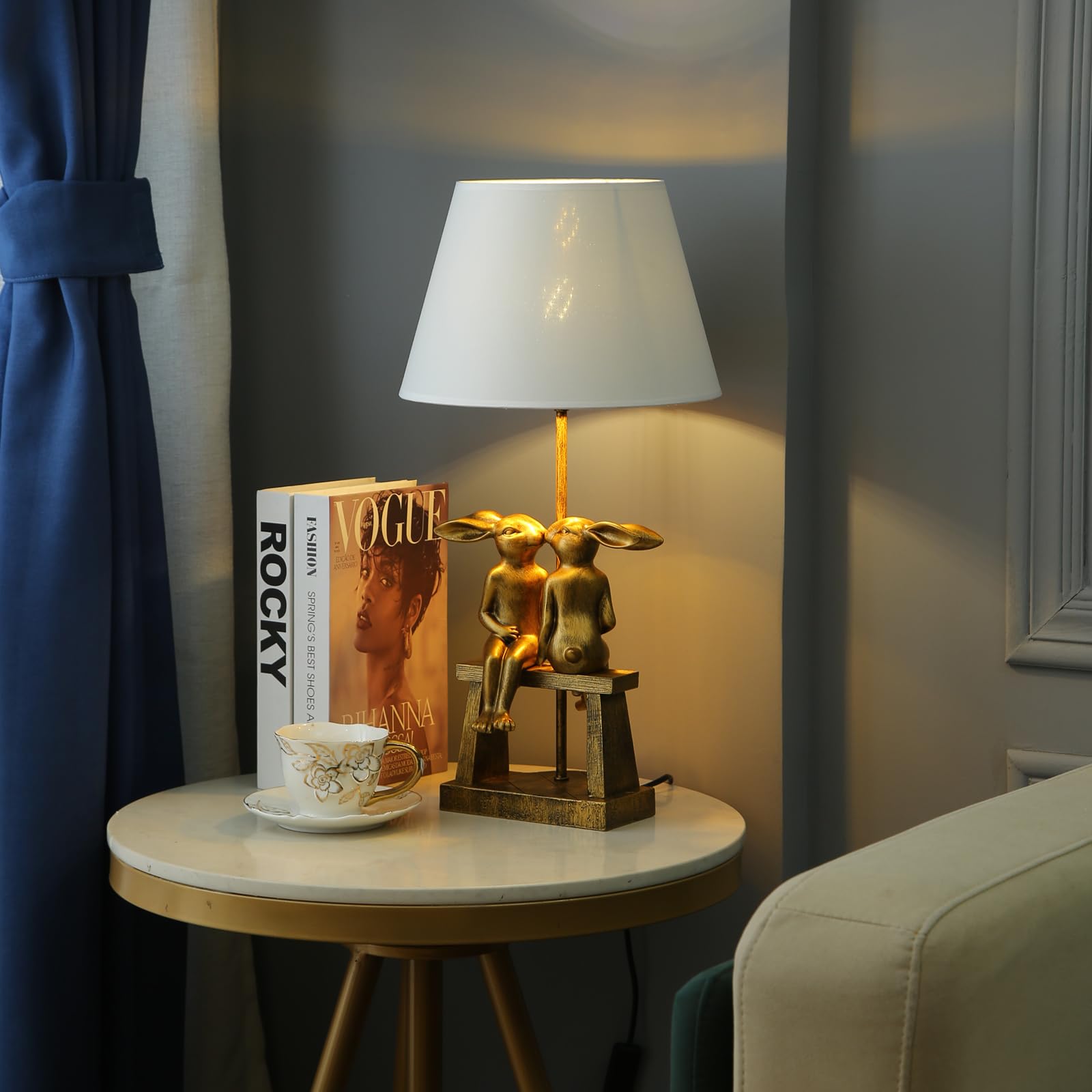 LAZHUG Kissing Bunny Lamp - H16in Gold Rabbit Table Lamp, Small White Shade, Energy Efficient Nightstand Light, Perfect Gift for Loved Ones