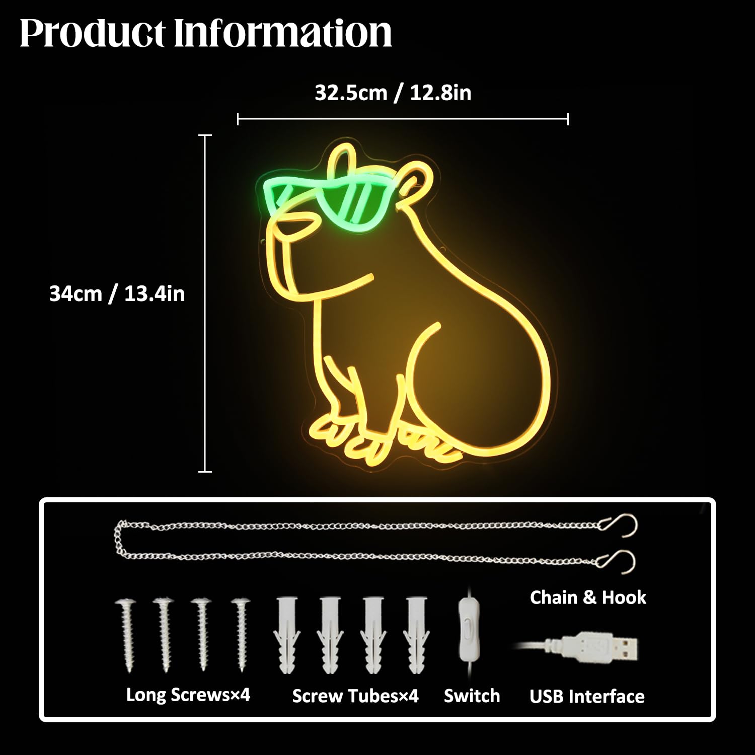 Cool Capybara Neon Sign Cute Animal with Glasses Yellow Green LED Signs for Wall Cartoon Neon Lights for Bedroom Capybara Neon N