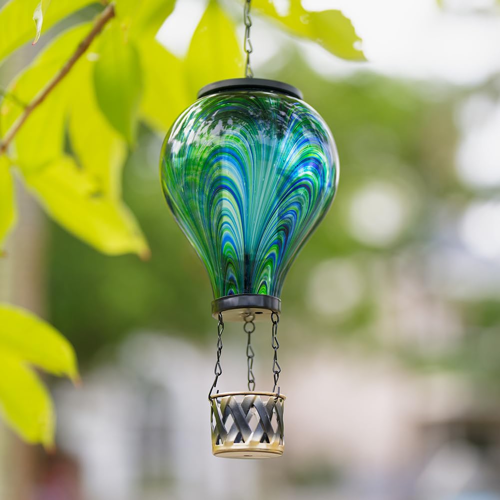 Starsoul Hot Air Balloon Solar Lantern Flickering Flame Light Tie-Dye Style Glass Solar Powered Hot Air Balloon Lamp Hanging Out