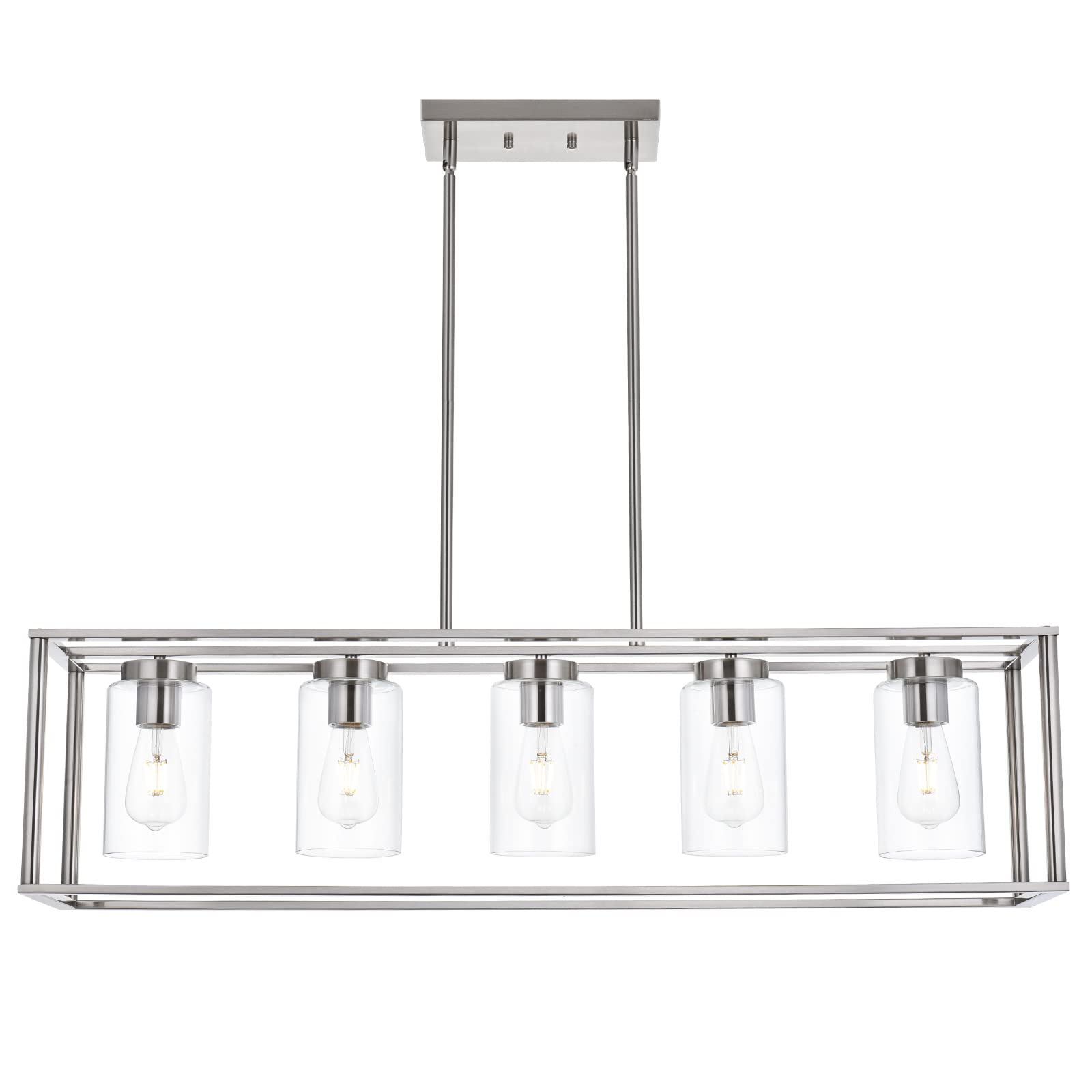 VINLUZ 5 Light Brushed Nickel Contemporary Chandelier, Modern Dining Room Lighting Fixture, Model 1811-5-SN, Glass Shade