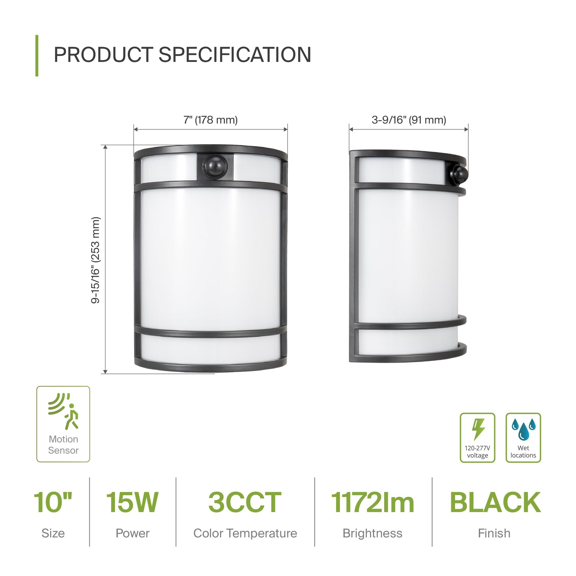 ASD 10 Inch LED Outdoor Wall Mount Light Fixture with Motion Sensor - Matte Black Wall Sconce Lighting - 15W 120-277V 3000K 4000