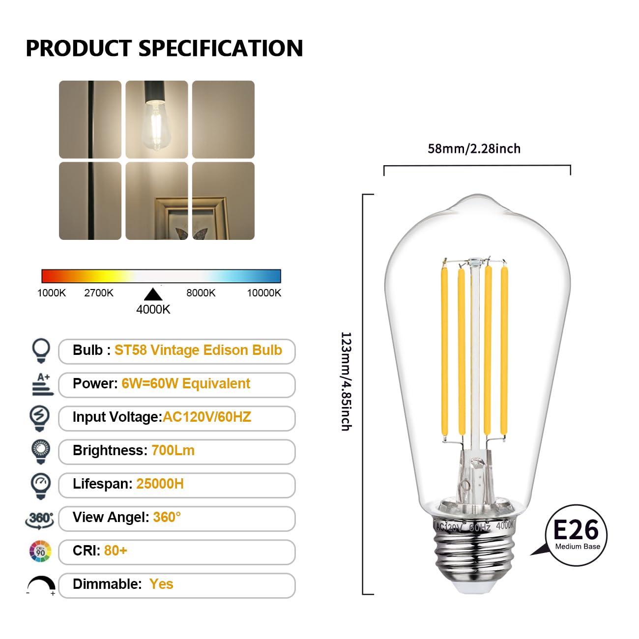 4Pack St58/St19 Vintage Led Edison Bulbs, Daylight White 4000K, 6W Equivalent 60W Led Filament Light Bulbs, Dimmable 700Lm, E26