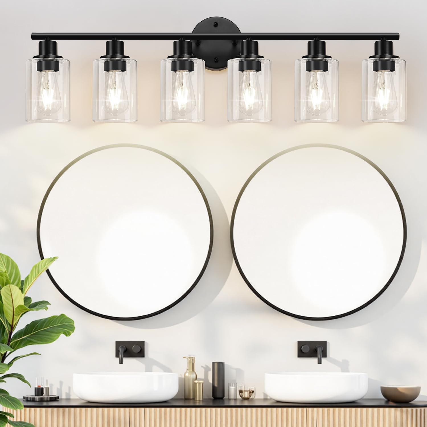 Zarbitta 6-Light Bathroom Light Fixtures, Black Modern Vanity Lights, Clear Glass Shade, Model YX-062, Matte Black