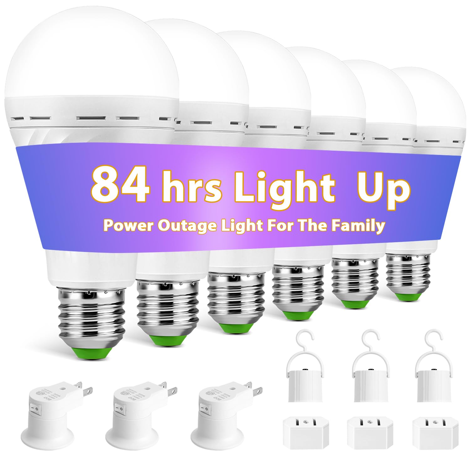 LHZHENG Emergency Rechargeable Light Bulbs, 12W 60W Equivalent, Plastic, White, Model LHZSHLQ-4P, 6 Pack