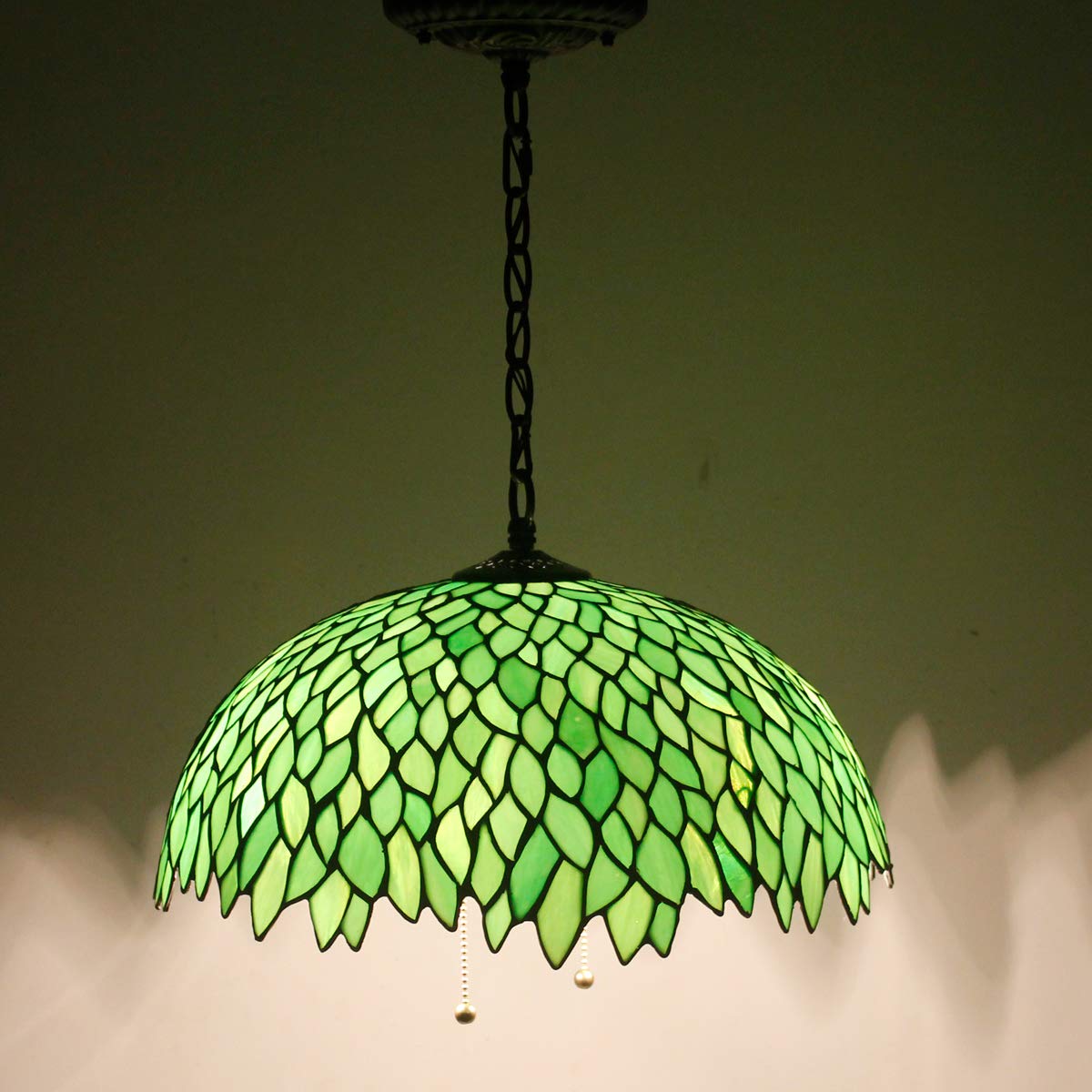 Werfactory Tiffany Pendant Light Fixture, 16 Wide, 40 Height, Green Wisteria Stained Glass, Large Hanging Lamp, S523 Series