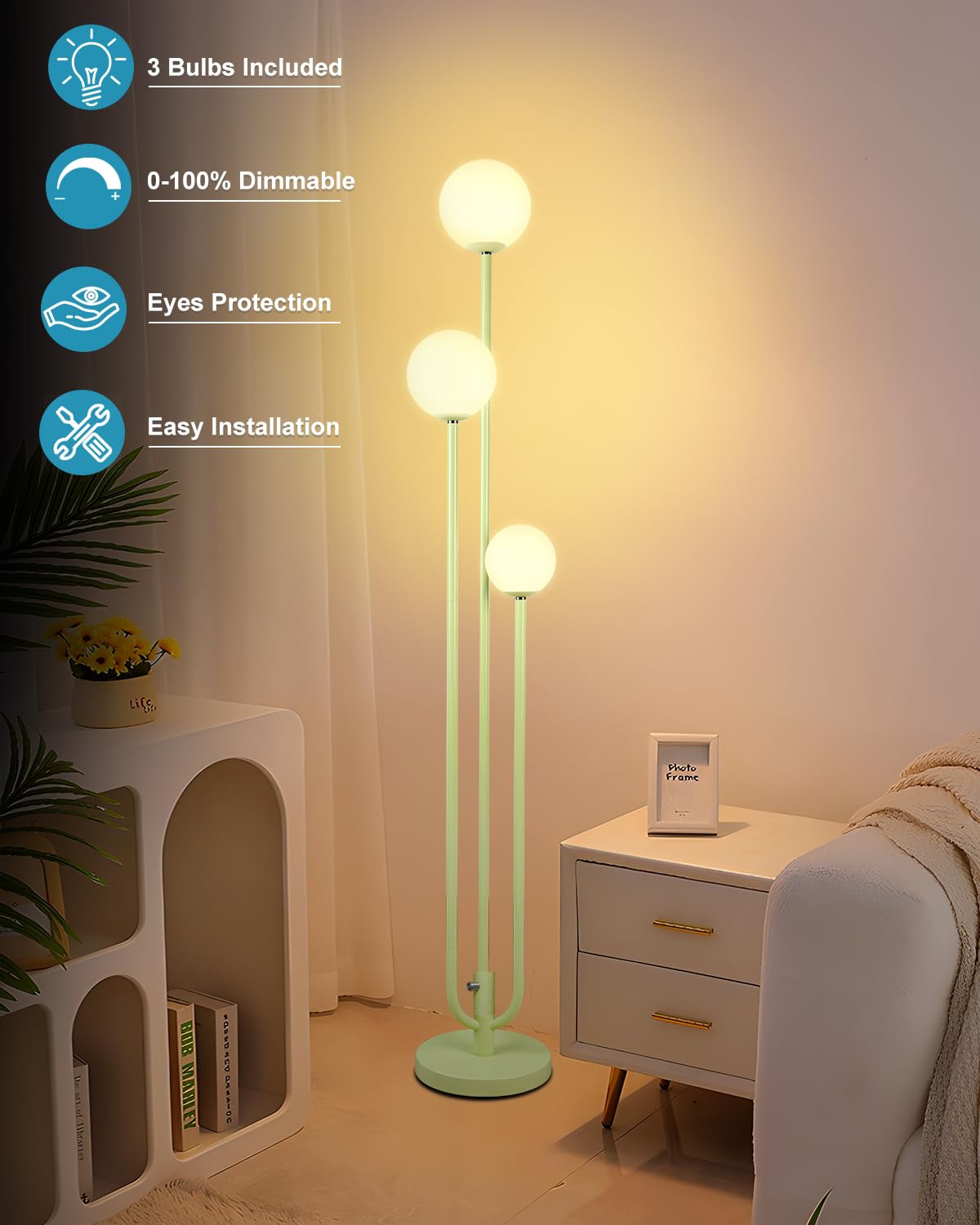 Lightdot 63IN Modern Floor Lamp with 3 Green U-Pole & 3000K LED Bulbs, Metal Tall Lamp for Living Room/Wedding/Party