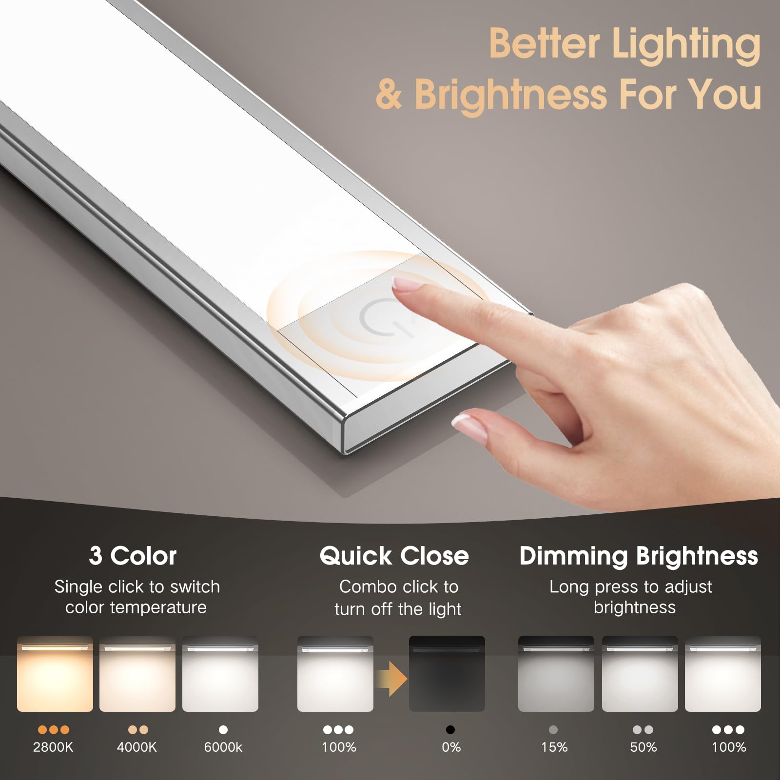 VST Motion Sensor Lights, Dimmable LED Under Cabinet Lighting, 9in, Silver, Rechargeable, 2 Pack