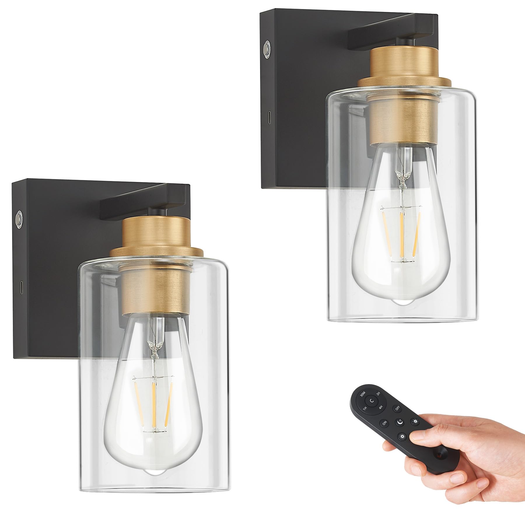 Set of 2 Battery Operated Wall Sconce with Remote Control, Wireless Rechargeable Sconces Wall Decor with Clear Glass, Black & Go