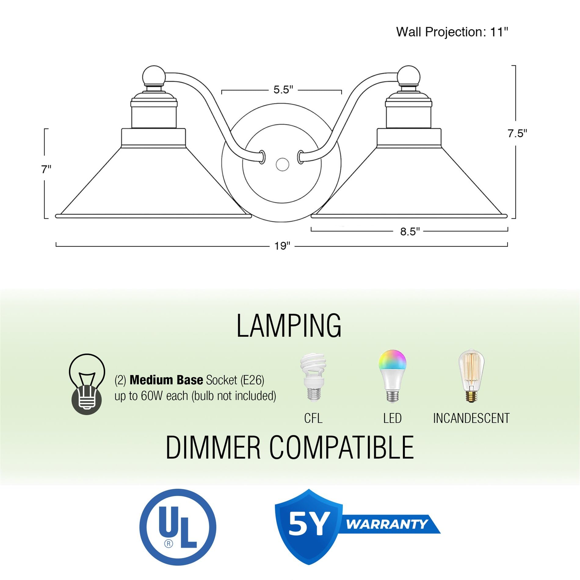 Kira Home 2-Light Bathroom Light, Modern Farmhouse Sconce, 19in, Cool Brass Finish, Metal, Model RV-W144822-CB