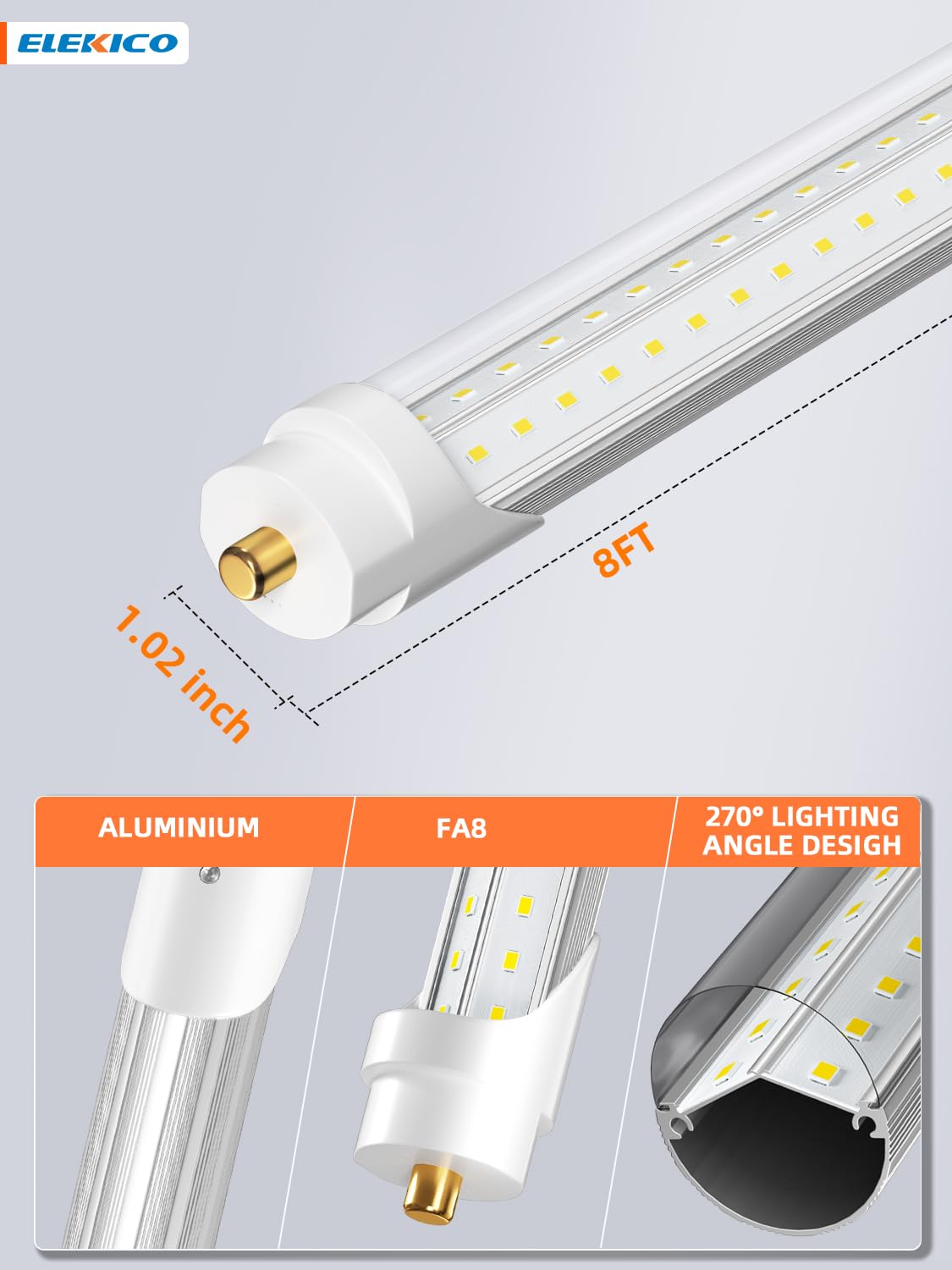 ELEKICO 75W 8ft LED Bulbs, 9500lm, 5000K V-Shaped Clear T8 Tube Lights, Pack of 10, White