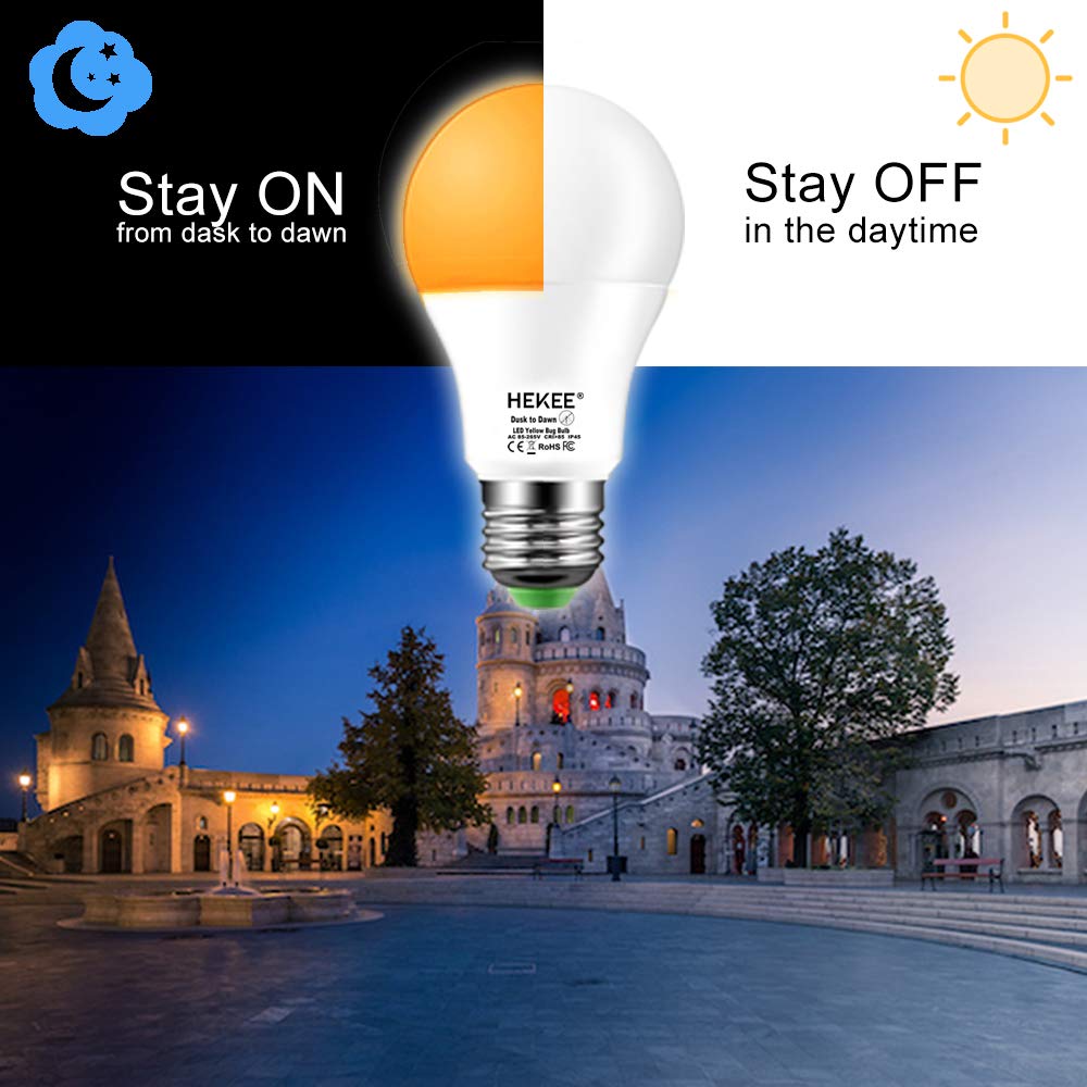 HEKEE Dusk to Dawn A19 Light Bulbs, 8W 720 Lumens, Amber Glow, E26 Base, 4 Pack