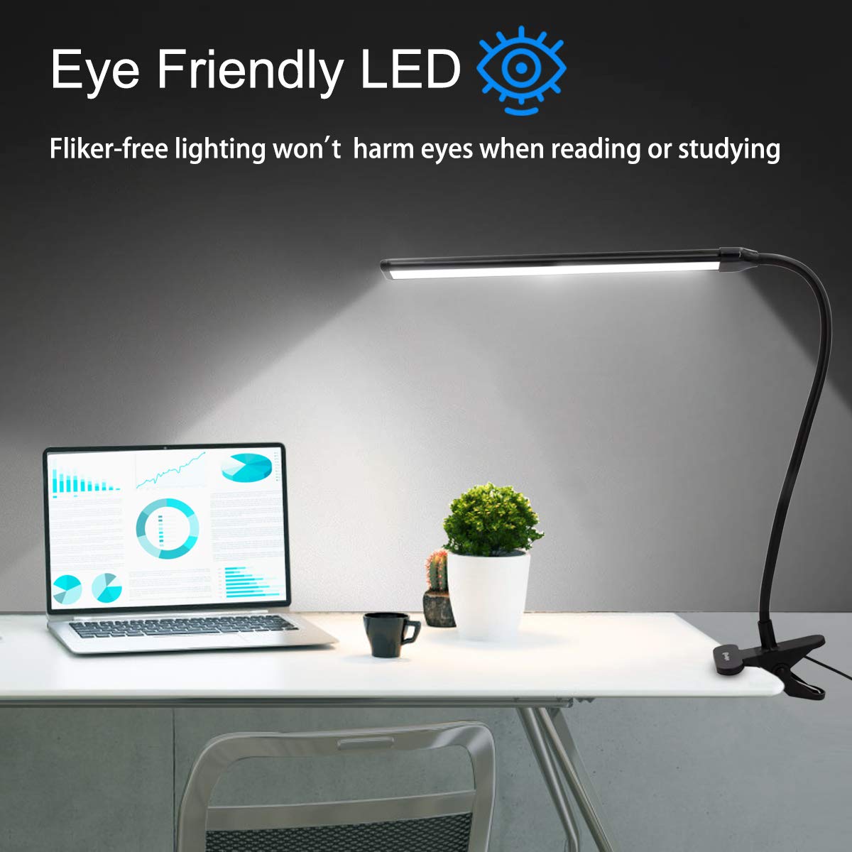 Cesunlight Clamp On Desk Lamp - 3 Color Temperatures, 10 Brightness Levels, Usb Power Supply, Black, Pack Of 2, Model B03