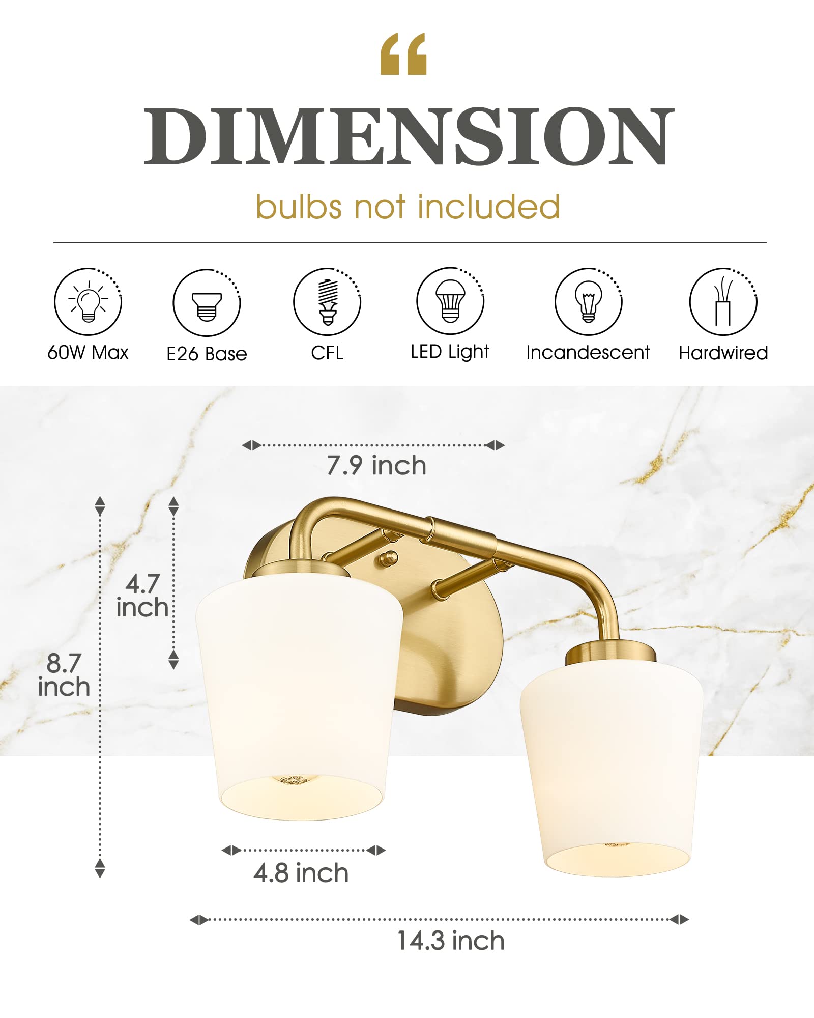 Audickic Brushed Gold Bathroom Vanity Light, Farmhouse Brass Sconces Wall Lighting with Milk White Glass, Champagne Bronze Light