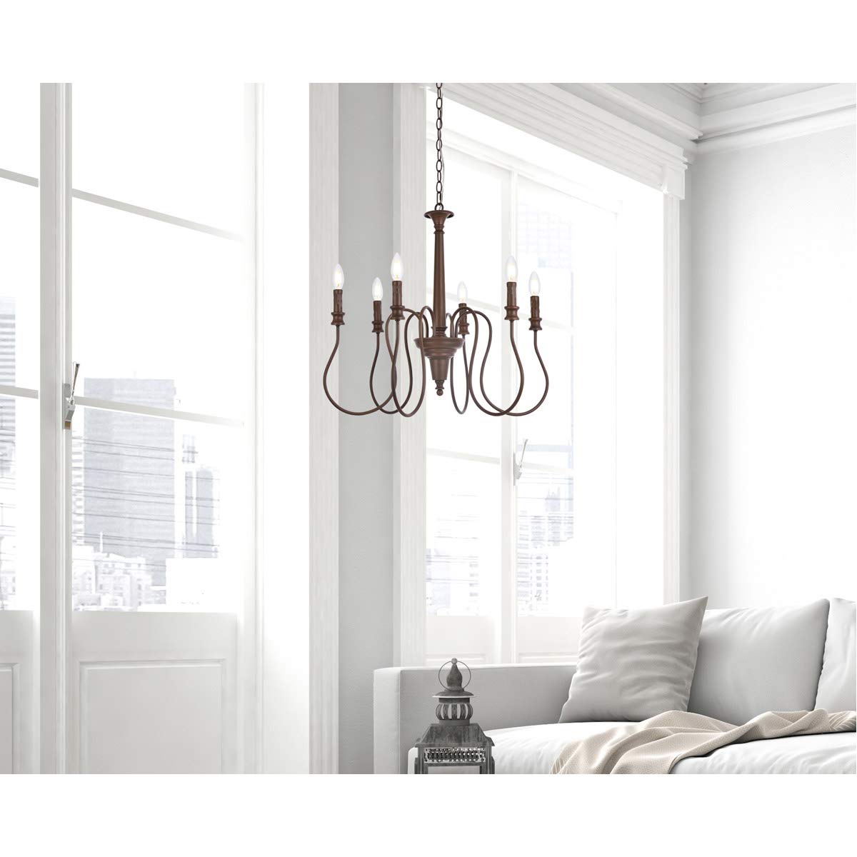 Elegant Lighting Living District Flynx 6 Lights Pendant in Weathered Oak