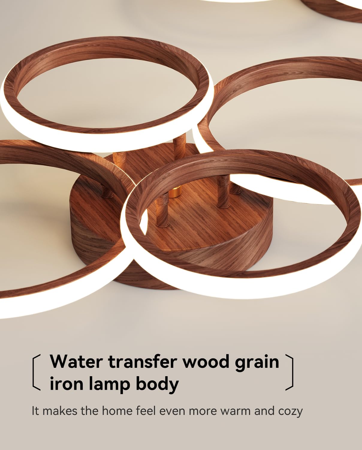 Miss Lighting Dimmable LED Semi Flush Mount Light Fixture 3-Color Dimming 4 Ring Wood Model MT05