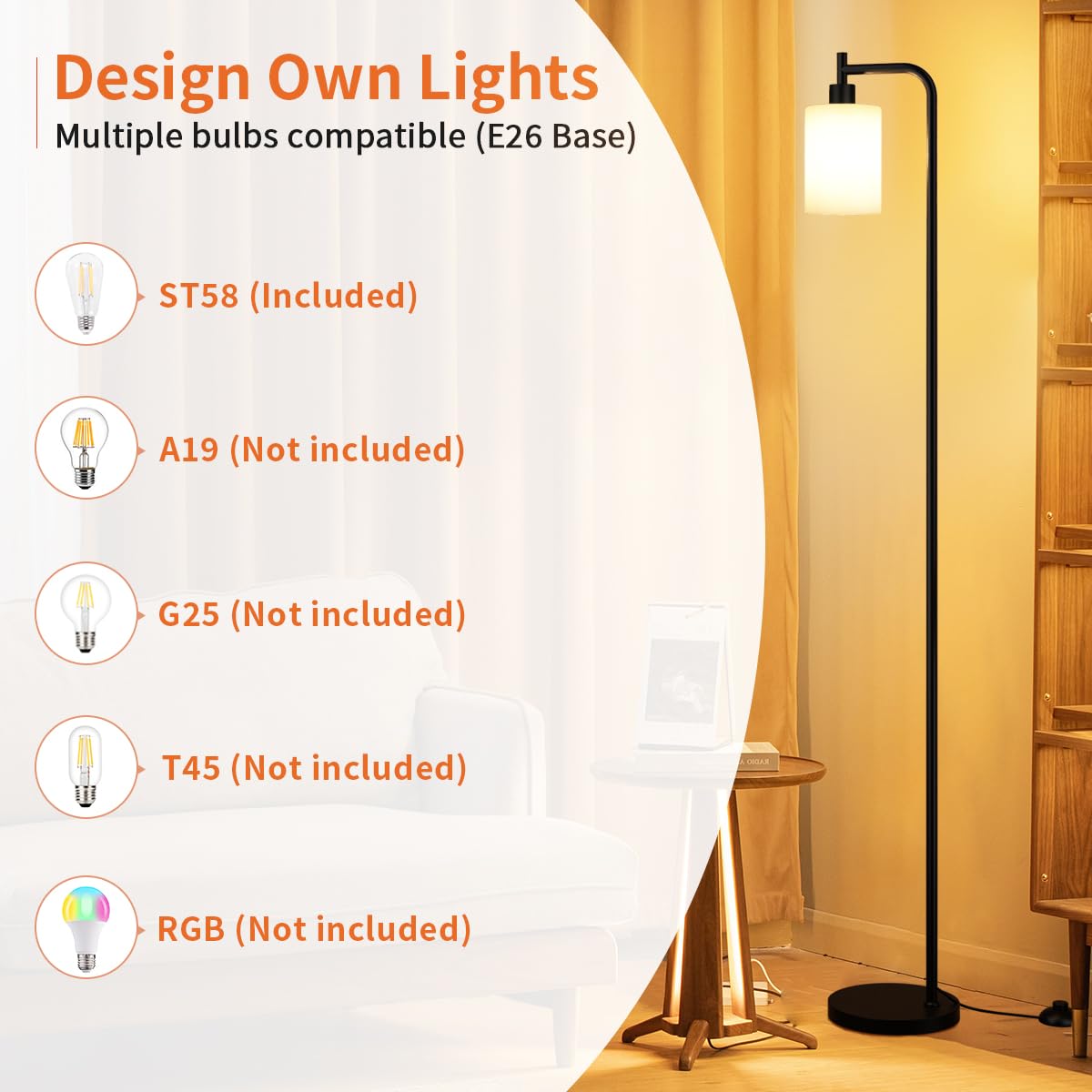 Ziisee Floor Lamps For Living Room - Standing Lamp With Frosted White Glass Shade, Modern Industrial Floor Lamp With Led Bulbs, Black Tall Lamp For Bedroom Office(Light Bulb Included)