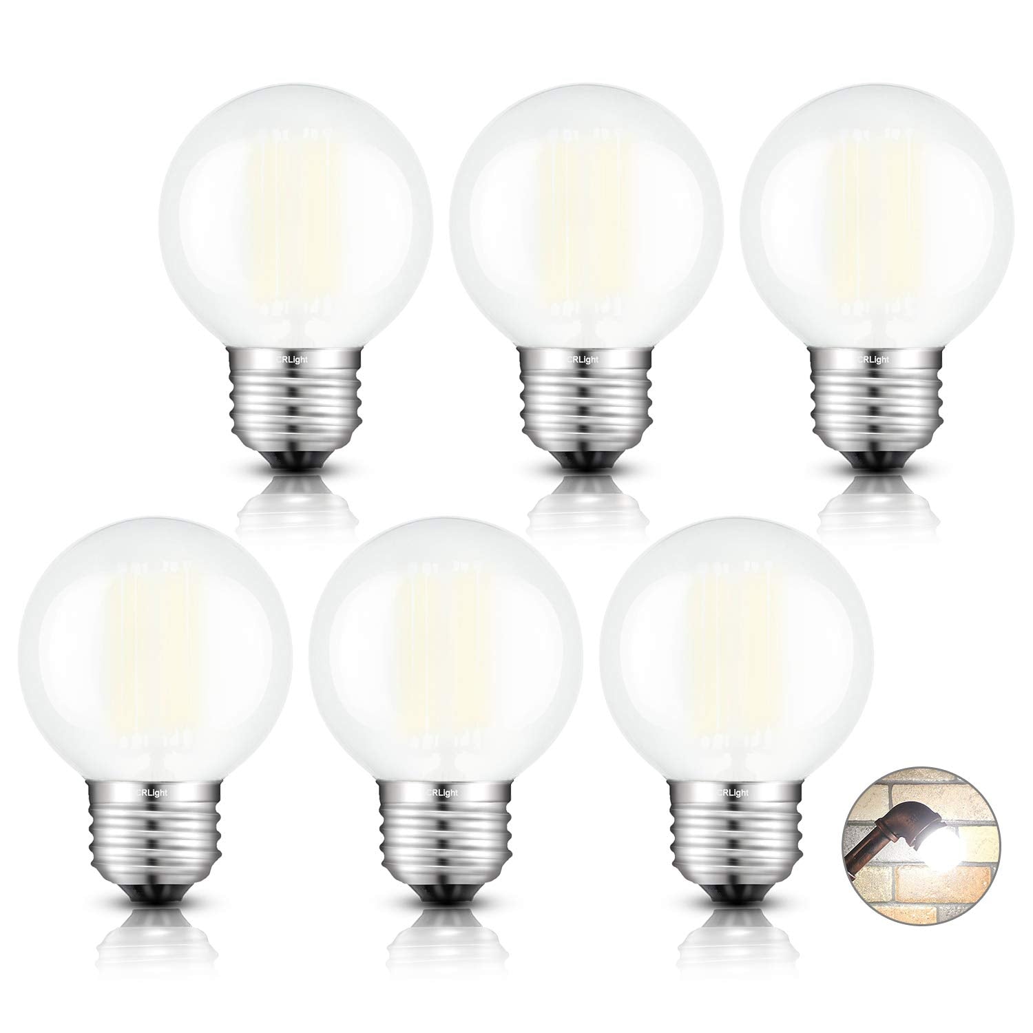Crlight 6W Edison Led Globe Bulb, 4000K Daylight White, Dimmable, 6 Pack, E