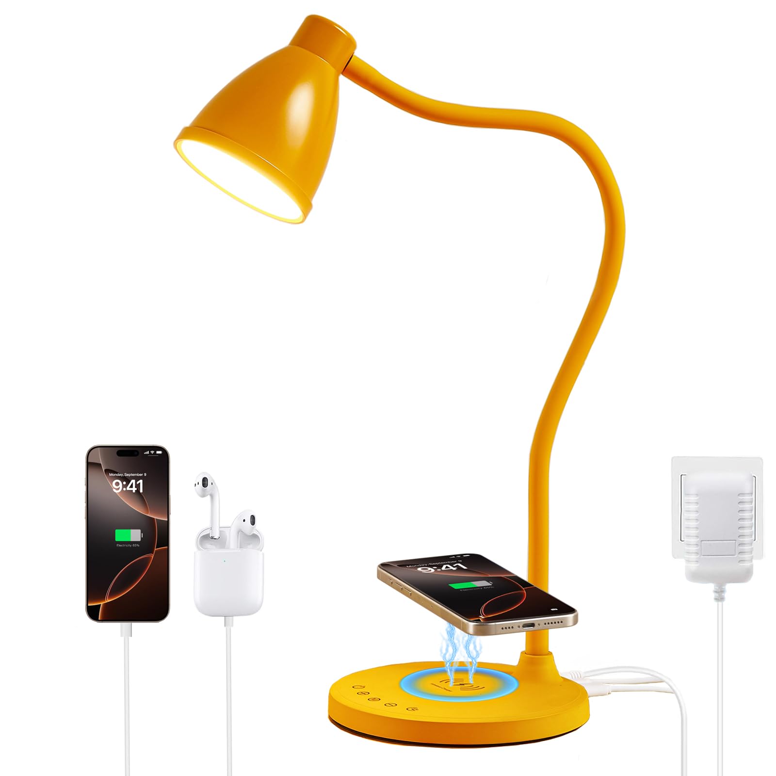Bohon Led Desk Lamp With Usb C+A Charging Ports Wireless Charger, 5 Colors Stepless Dimming Touch Reading Light, Flexible Goosen