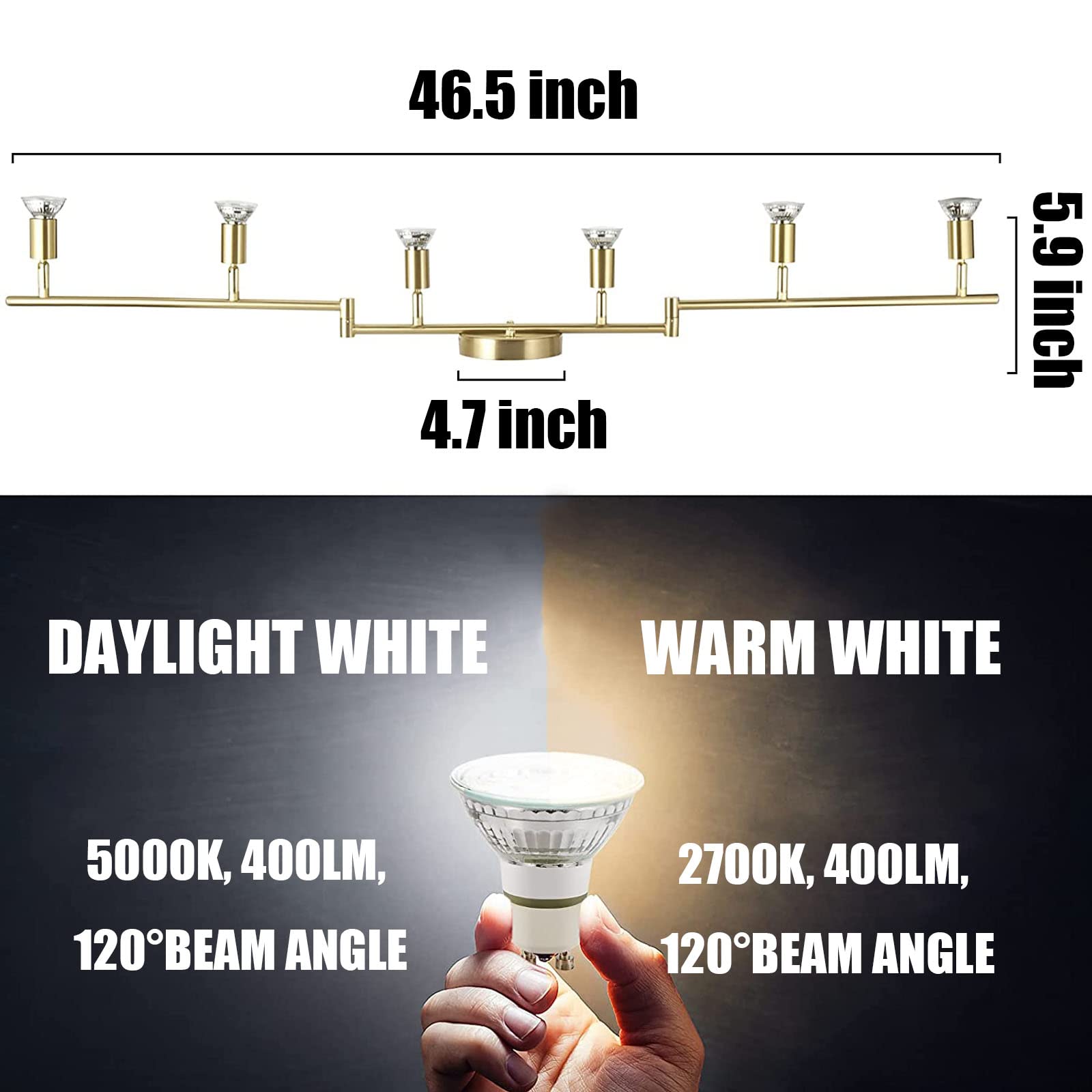 Jqire 6-Light Led Track Lighting Kit,Golden Finish 6 Way Ceiling Spotlight,Rotatable Light Heads,Modern Foldable Track Light Fixtures,Included 6 X Led Gu10 Bulb (4W, Daylight White 5000K,400Lm)