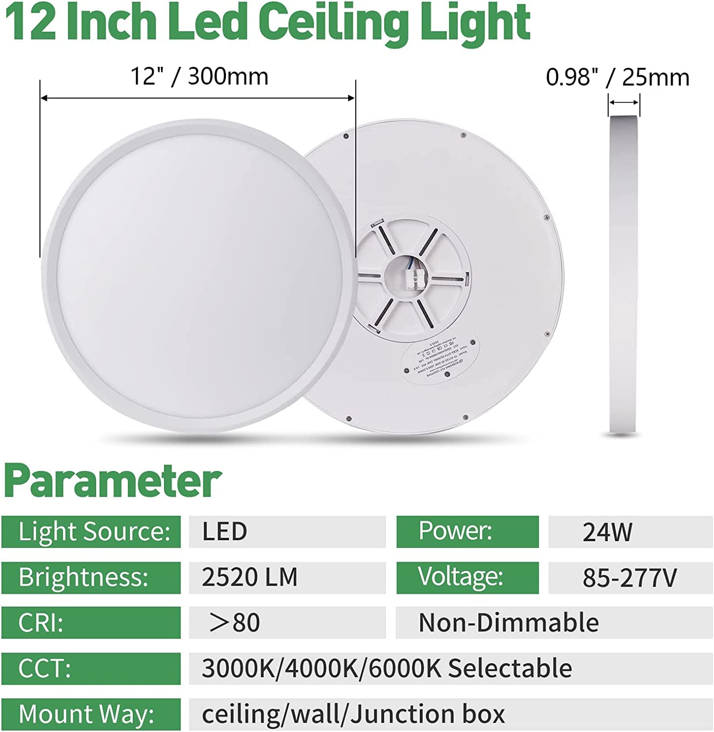 4Pk 12 Inch Led Flush Mount Ceiling Light, 24W, 2500Lm, 3000K/4000K/6000K Cct Selectable, Round Flat Panel Light Low Profile Ceiling Light Fitures For Hallway, Kitchen, Bedroom, Laundry Room